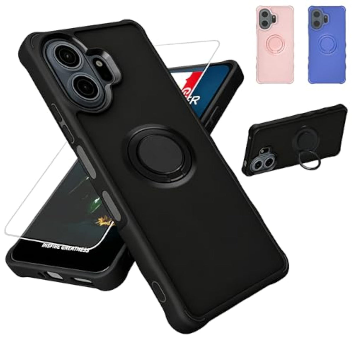 TCL NxtPaper 70 Pro 5G Phone Case Cover with Tempered Glass Screen Protector, 2MM Thickening Super Protection, Ring Support, Black