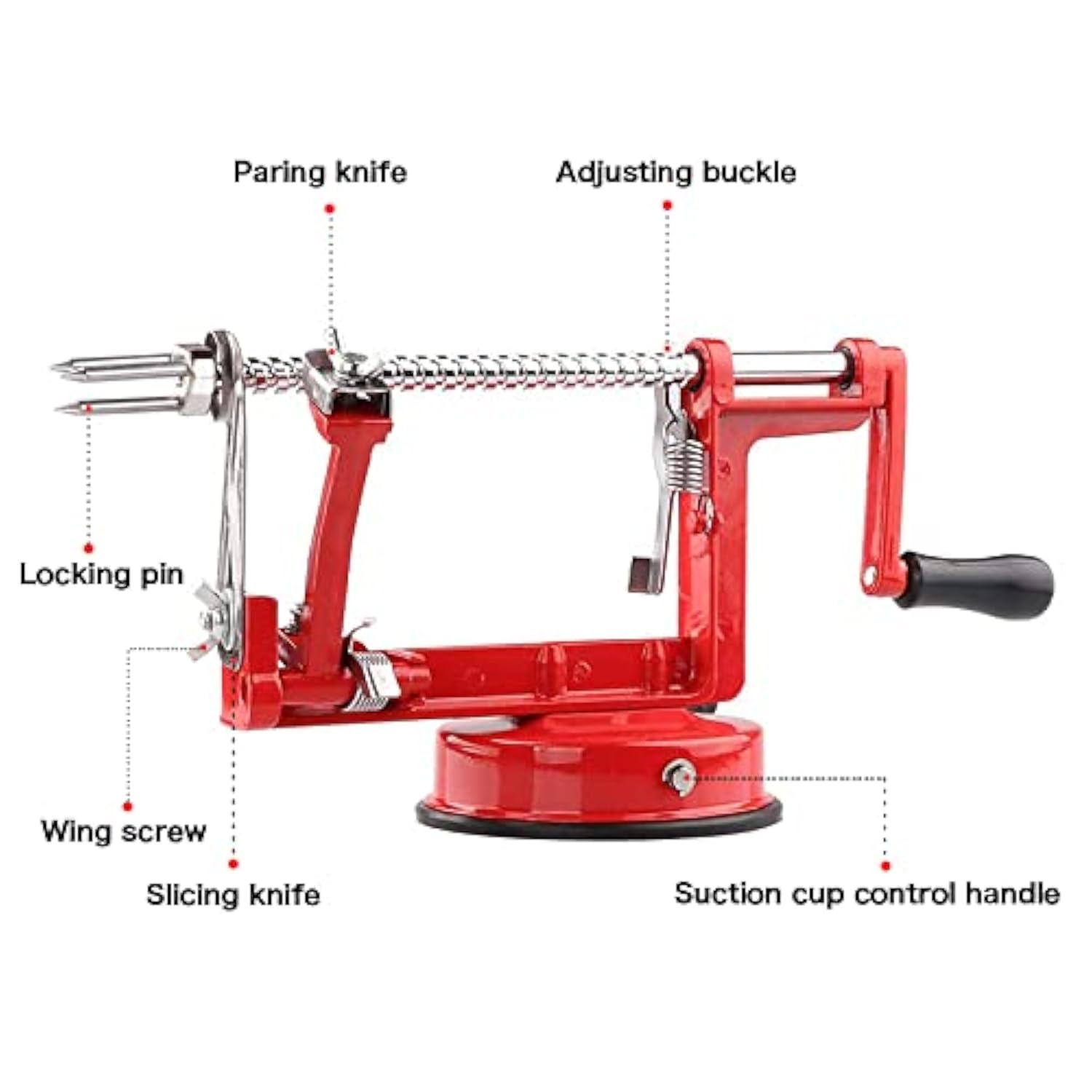 Apple Peeler Corer, Long Lasting Chrome Cast Magnesium Alloy Apple Peeler Slicer Corer With Stainless Steel Blades And Powerful Suction Base For Apples And Potato(Red)