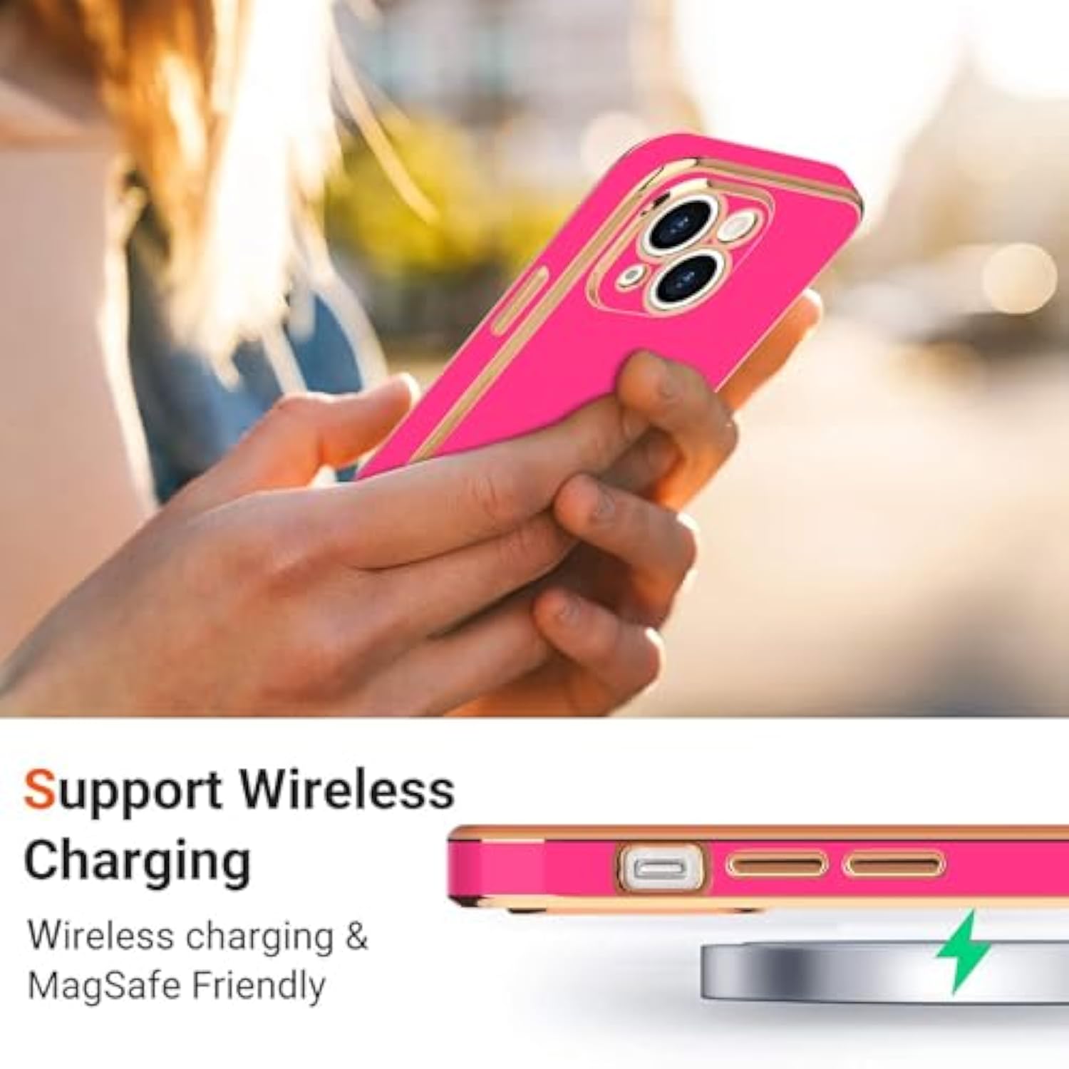 iPhone 13 Case for Women Cute Heart Bling Soft Shockproof Cover Pink