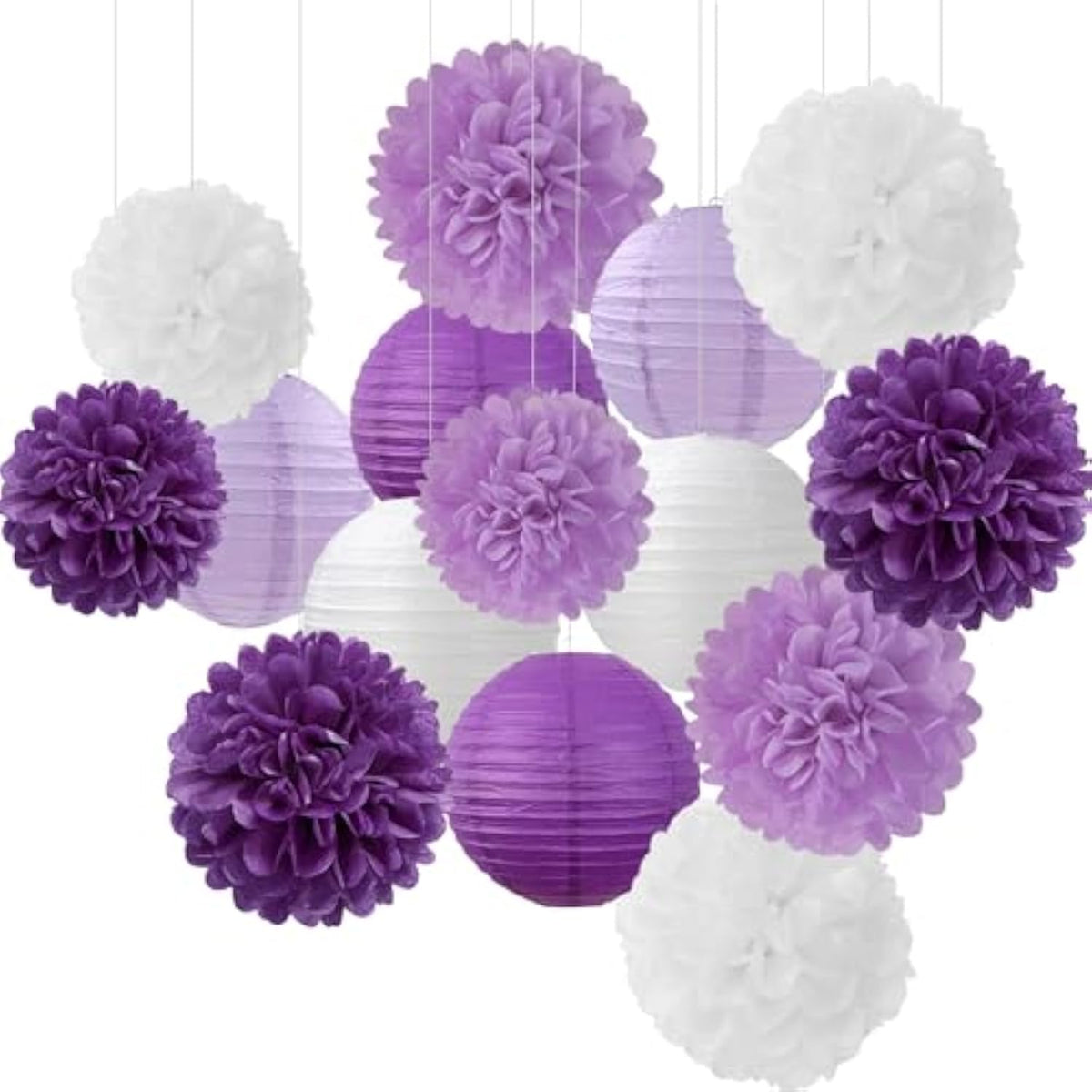 Purple-White Lavender Party Decorations Paper Flowers Lanterns - 15Pcs Birthday Graduation Tissue Pom Poms Streamers, Baby Bridal Shower Wedding Retirement Bachelorette Hanging Supplies Decor