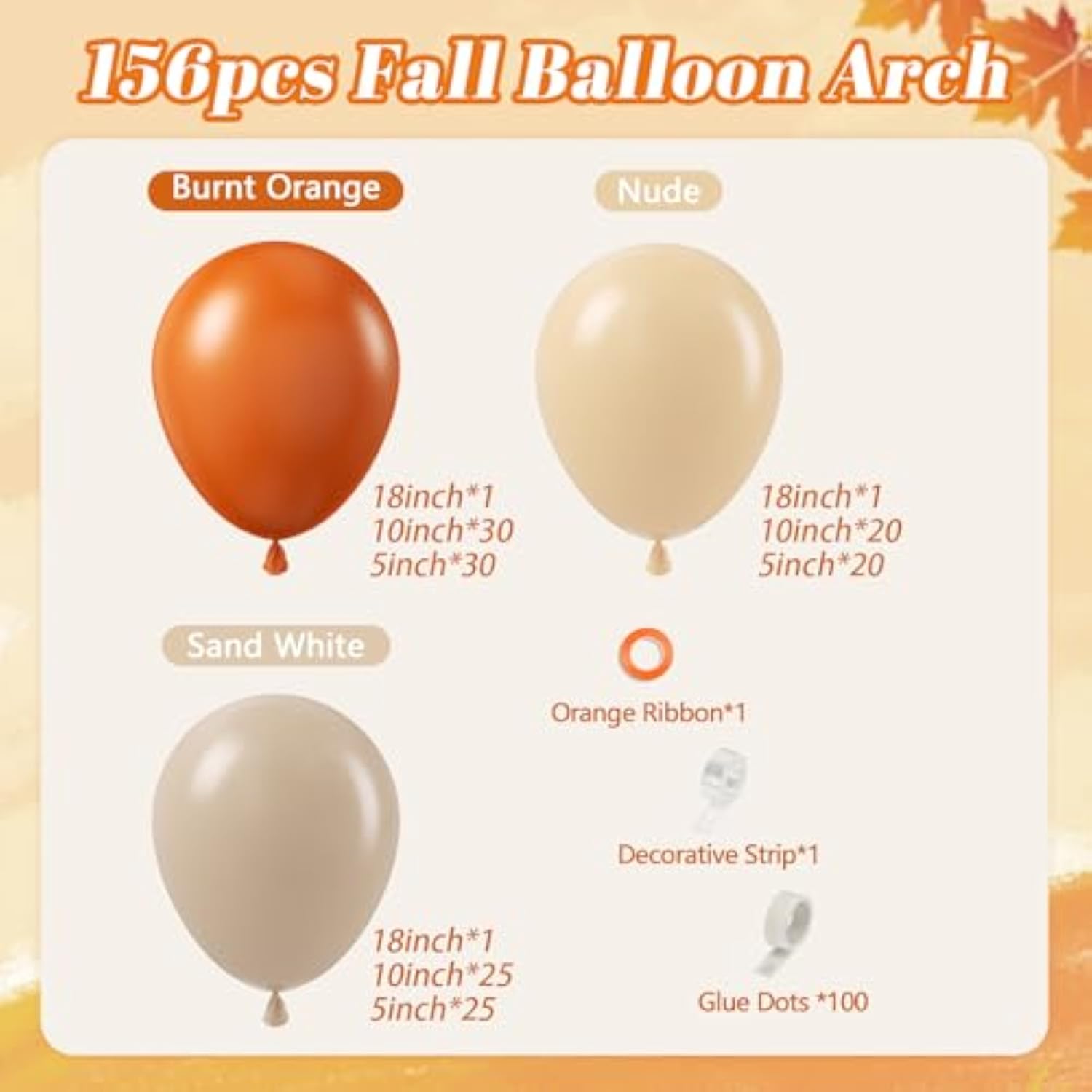 156pcs Fall Balloon Arch Kit Burnt Orange Sand White Nude Balloons for Wedding Baby Shower Party