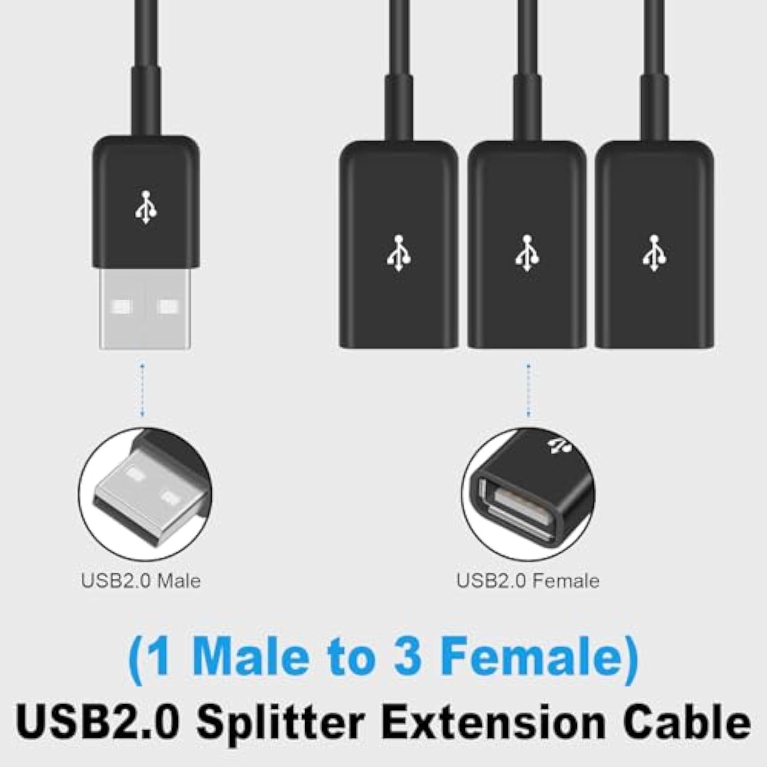 3 In 1 Usb Y Splitter Cable 1Ft/30Cm, Usb Power Splitter Cable, Usb2.0 Male To
