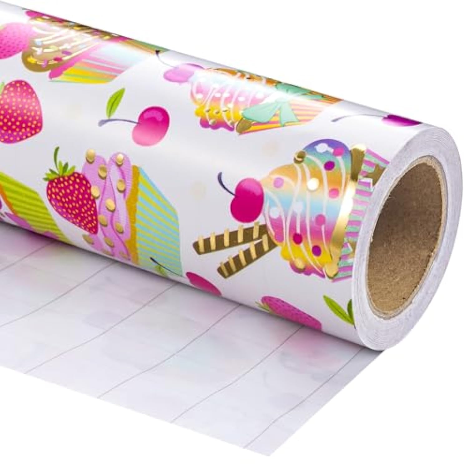 Foil Wrapping Paper - Mini Roll - 17 Inch X 16.5 Feet - Gold Foil Cupcakes Birthday Wrapping Paper For Kids Girls, Baby Showers, Weddings