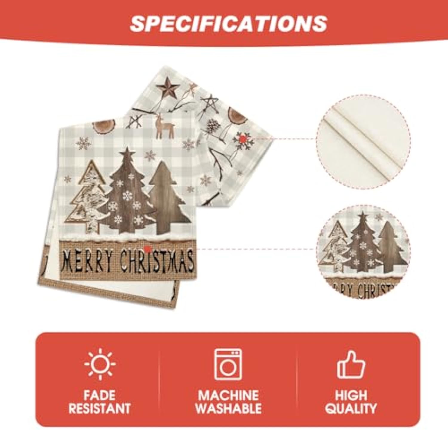 Buffalo Plaid Wood Xmas Trees Ornament Merry Christmas Table Runner, Seasonal Winter Kitchen Dining Table Decoration For Home Party Decor 13X60 Inch