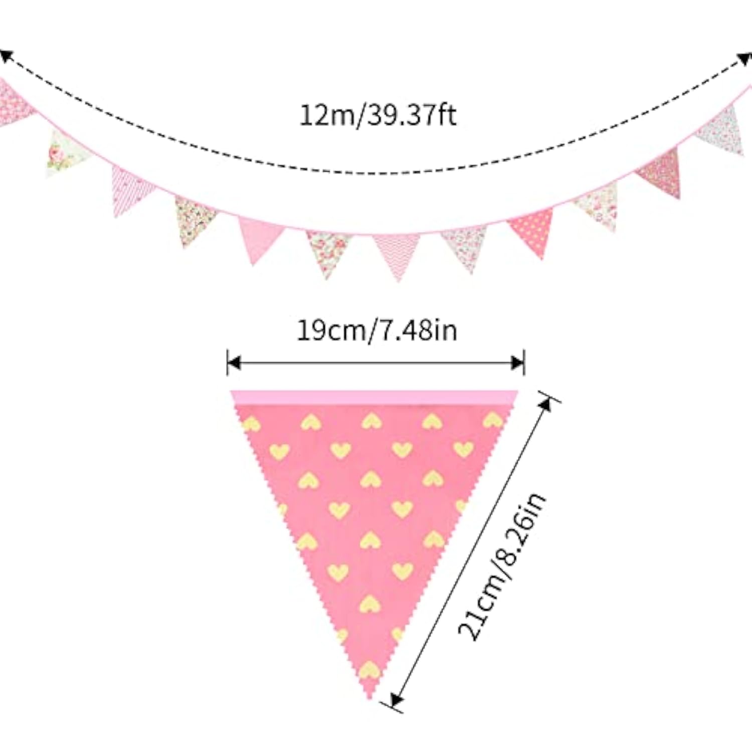 39Ft Triangle Bunting Banner, 42Pcs Tea Floral Party Bunting Cotton Fabric Flags Pennant Garlands For Birthday Party, Wedding, Baby Shower, Outdoor And Home Decorations (Pink)