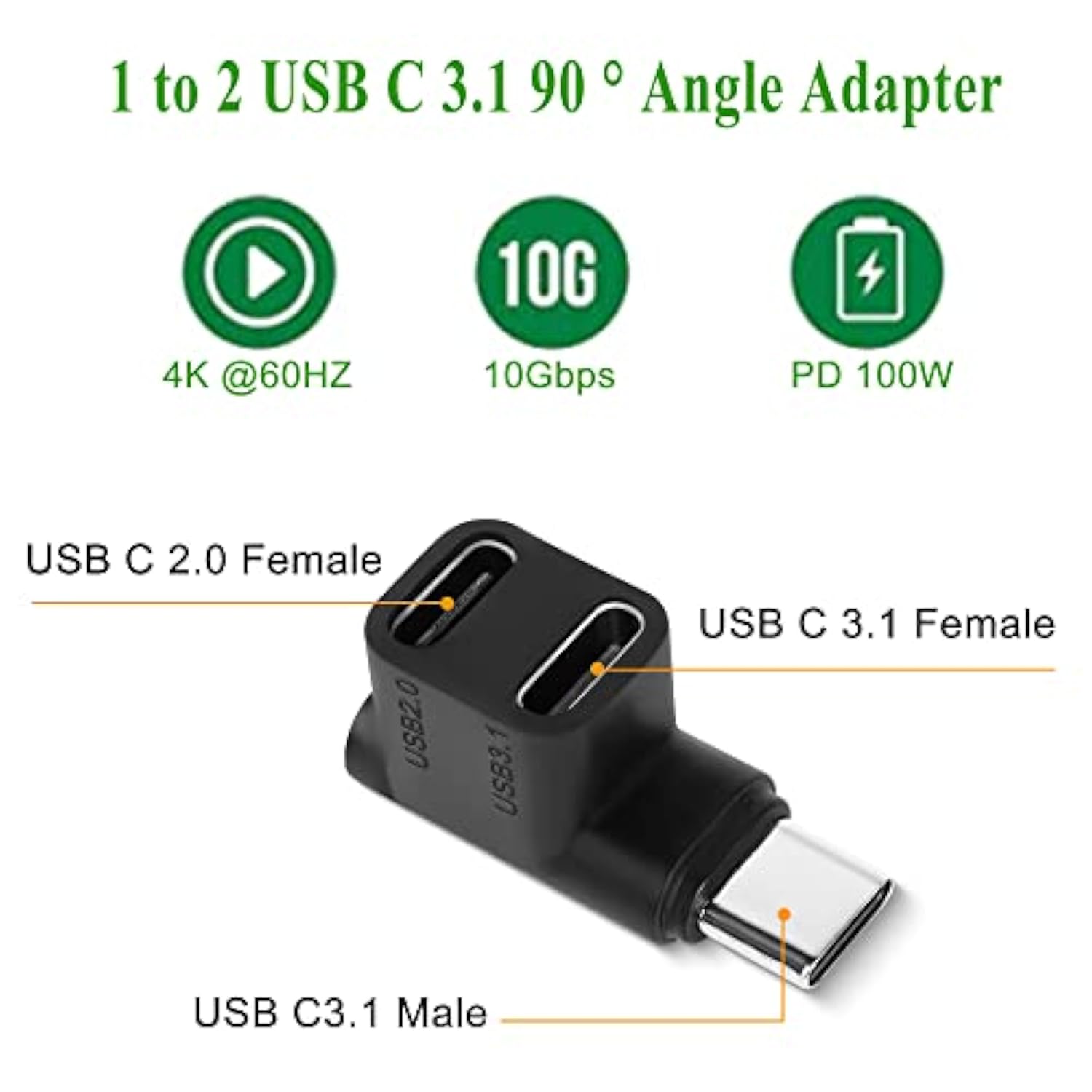 1 To 2 Usb C 3.1 90 ° Angle Adapter 10Gbps Usb 3.1 Type C Male To Usb C3.1+Usb