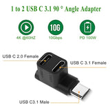 1 To 2 Usb C 3.1 90 ° Angle Adapter 10Gbps Usb 3.1 Type C Male To Usb C3.1+Usb