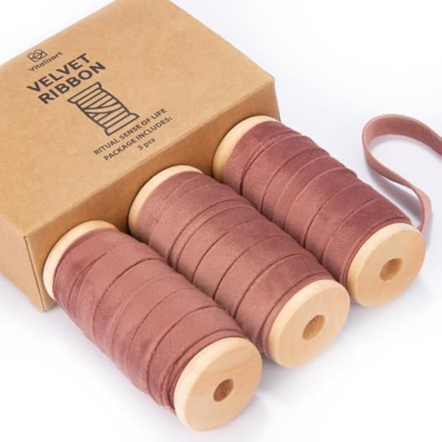 Rose Gold Velvet Ribbon Set 3/8"" X 15Yd Wooden Spool Fabric Trim Eco-