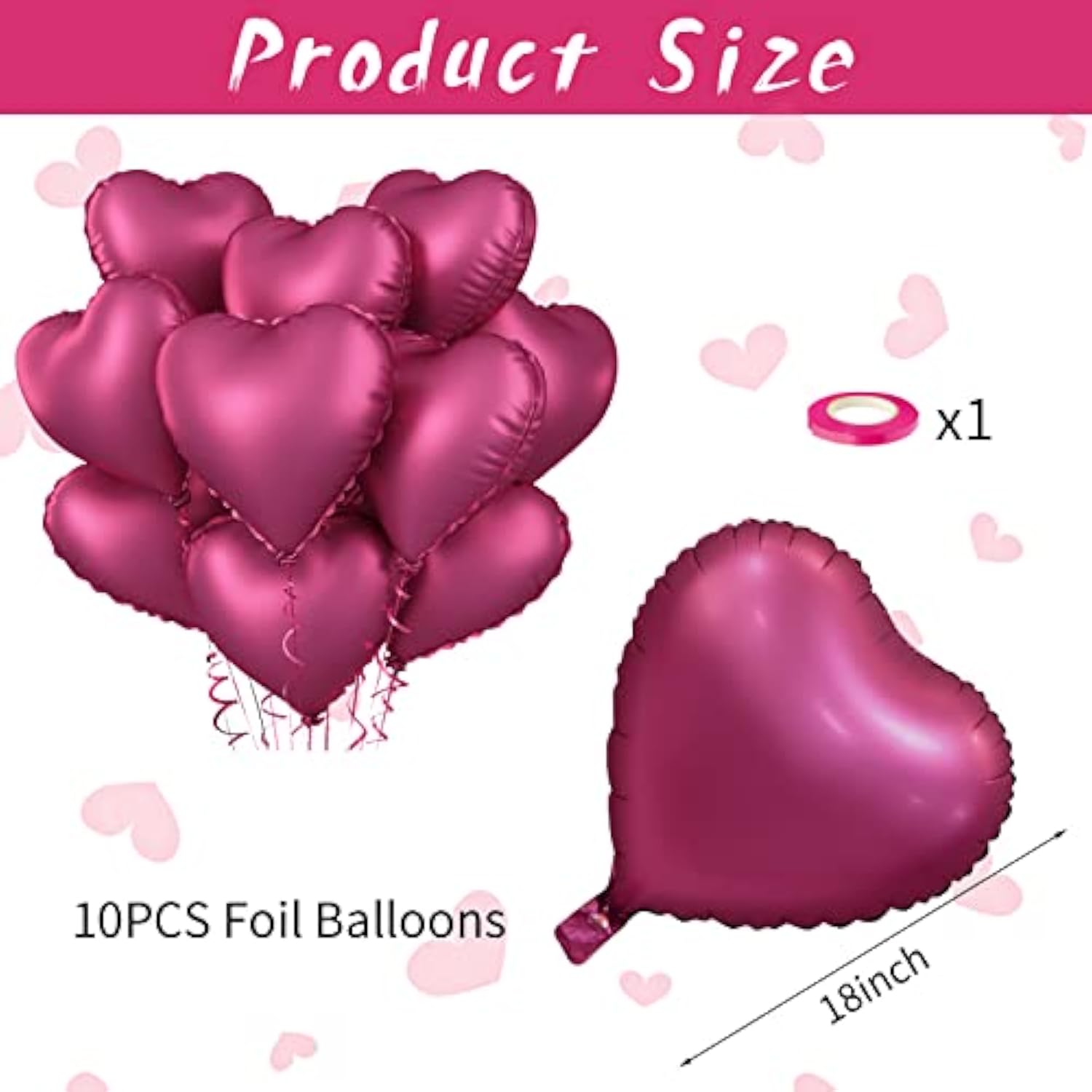 Foil Heart Balloons, 10Pcs Pink Heart Shape Balloons Valentines Balloons 18Inch Rose Red Foil Balloons For Helium Birthday Decorations For Girls Women For Valentines Day, Wedding, Anniversary