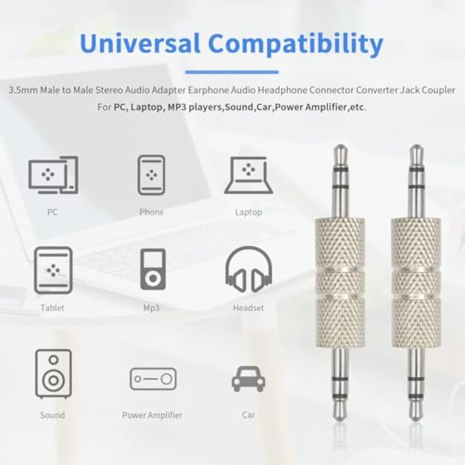 3.5Mm Male To Male Audio Adapter, Metal Silver 3 Pole 3.5Mm Stereo Jack Adapter Audio Headphone Jack Coupler Connectors - 2 Pack