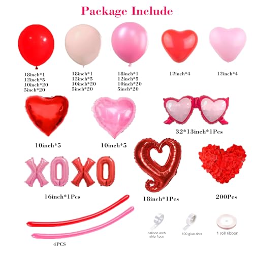 172Pcs Valentines Day Balloon Garland Arch Kit with Pink and Red Balloons 18" 12" 10" 5", XOXO Foil Balloons for Women Girls Valentines Day Wedding Engagement Anniversary Party Decorations