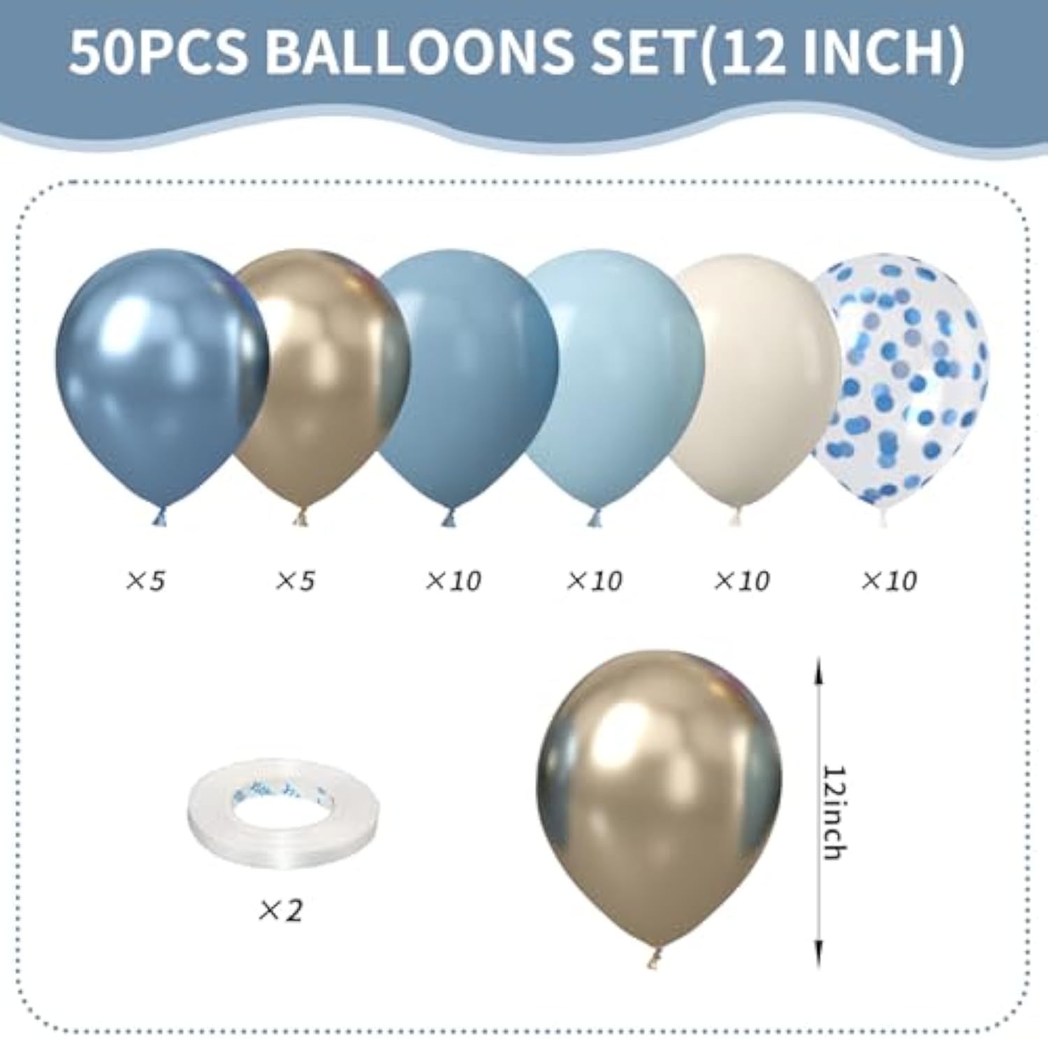 Dusty Baby Blue Balloons, 50Pcs 12 Inches Light Blue White Metallic Gold Confetti Birthday Balloons For Kids Boy Baby Shower Birthday Party Wedding Anniversary Bridal Engagement Graduation Decorations