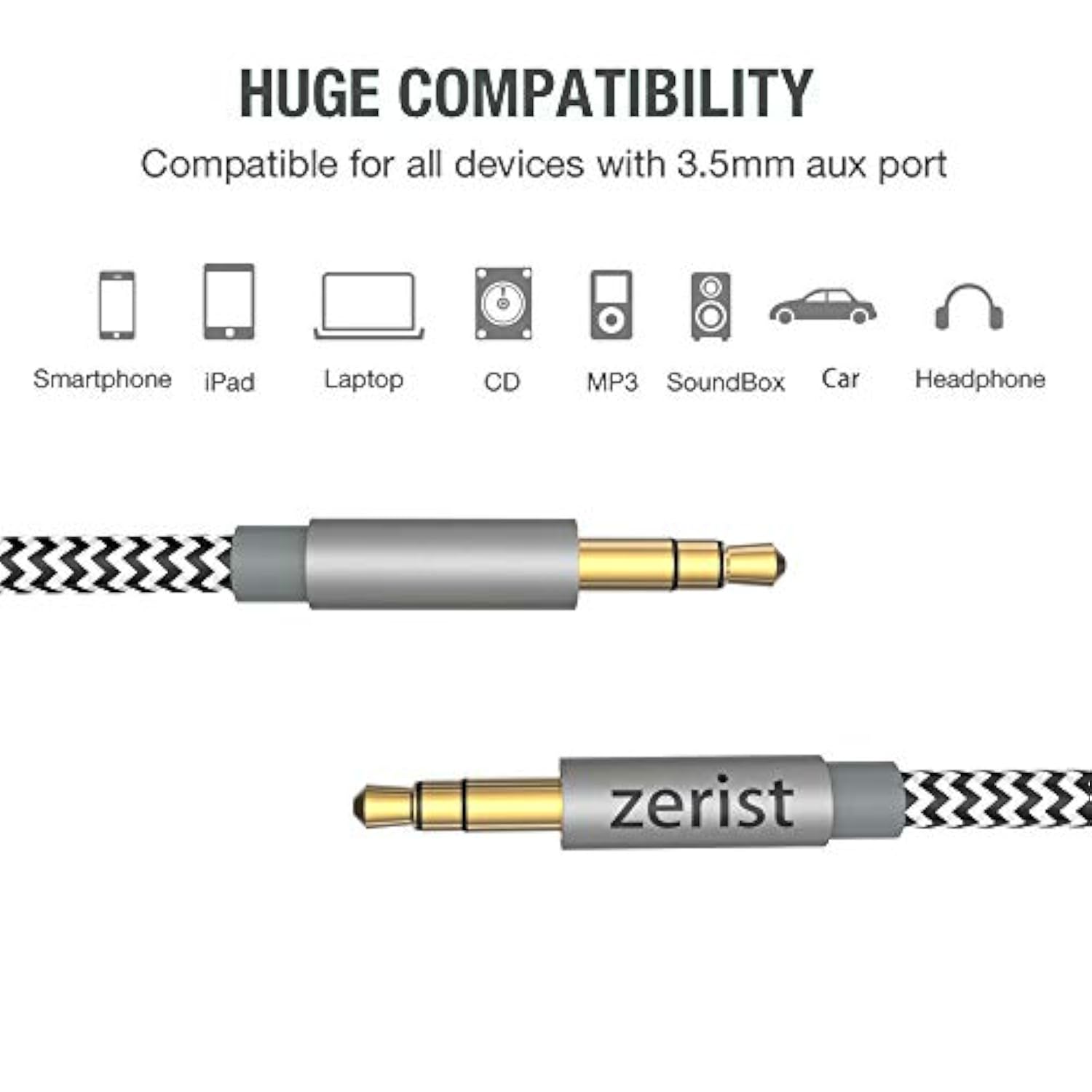 3.5Mm Stereo Audio Cable Extension Male To Male Nylon Braided 10Ft/3M Tangle-Free Aux Cable For Headphones, Ipods, Iphones, Ipads, Home/Car Stereos And More (Black)