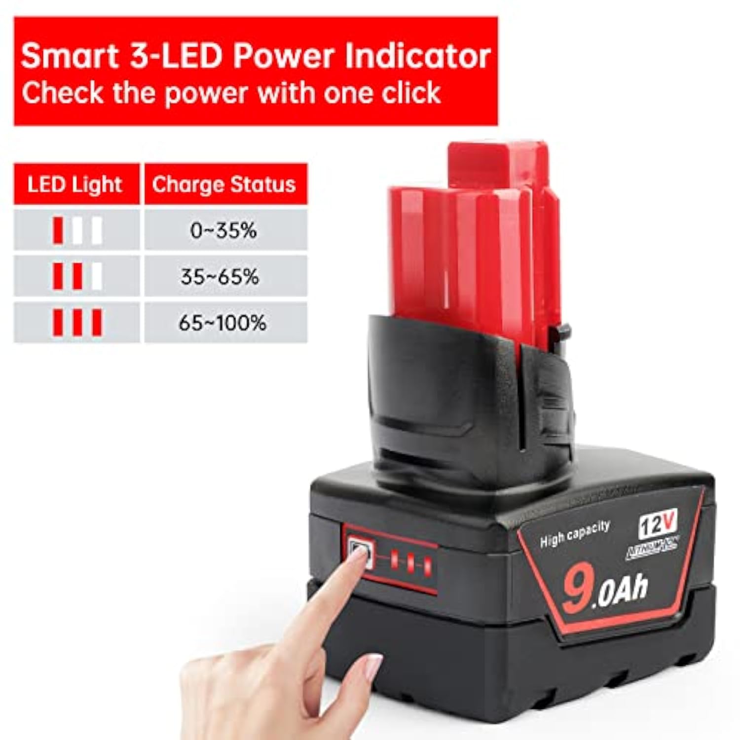 12V 9.0Ah Li-Ion Replacement Battery for Milwaukee 12V Cordless Tools