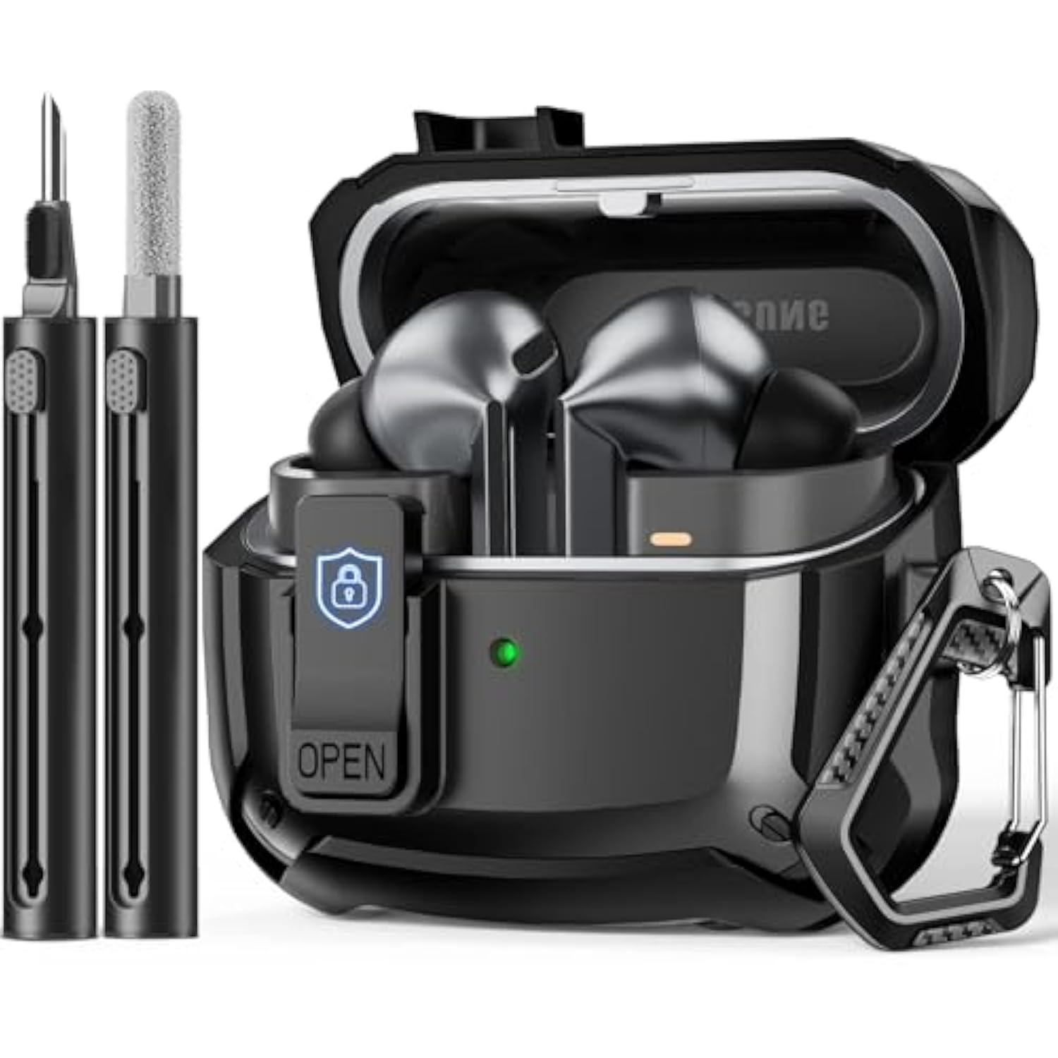 Compatible With Samsung Galaxy Buds 3 Case & Galaxy Buds 3 Pro Case,Full Body Shockproof Hard Shell Protection Design,With Secure Lock Clip & Cleaning Kit -Black