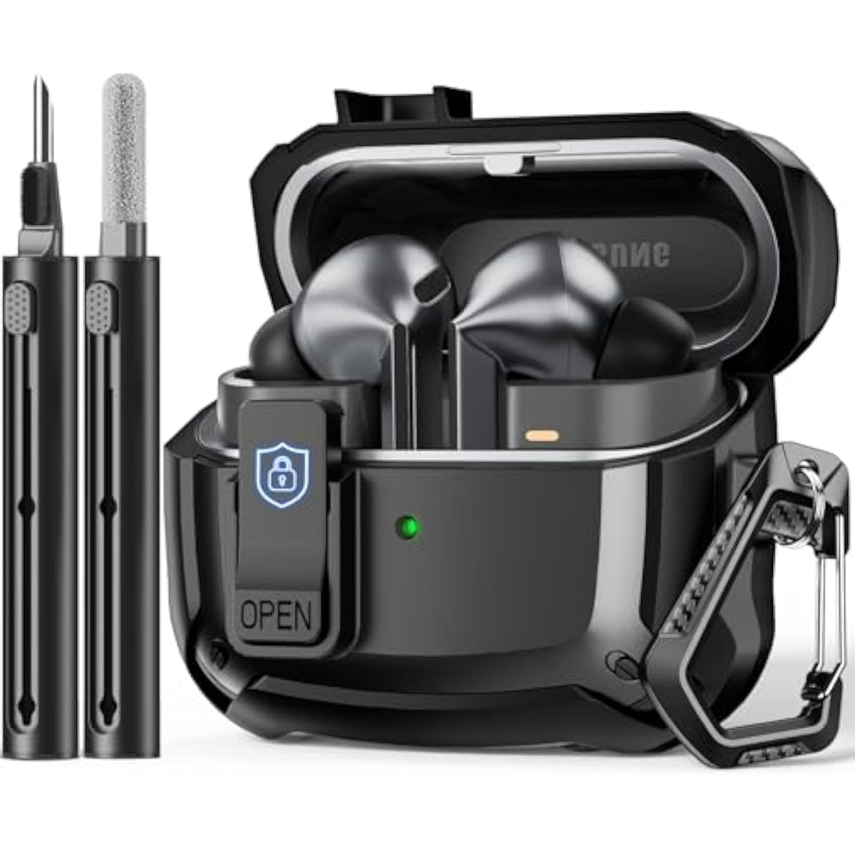 Compatible With Samsung Galaxy Buds 3 Case & Galaxy Buds 3 Pro Case,Full Body Shockproof Hard Shell Protection Design,With Secure Lock Clip & Cleaning Kit -Black