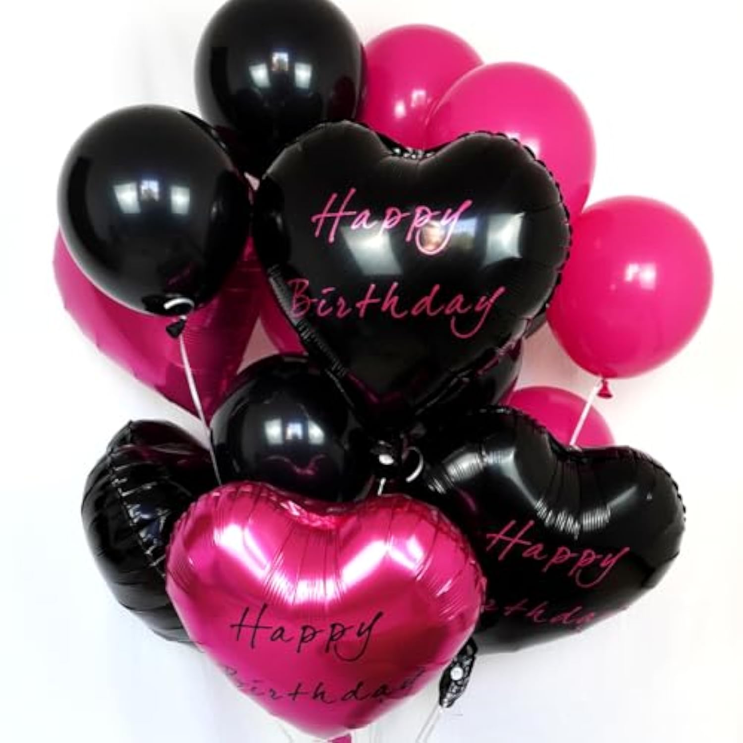 29pcs Black & Hot Pink Happy Birthday Balloons with Foil Hearts for Milestone Parties