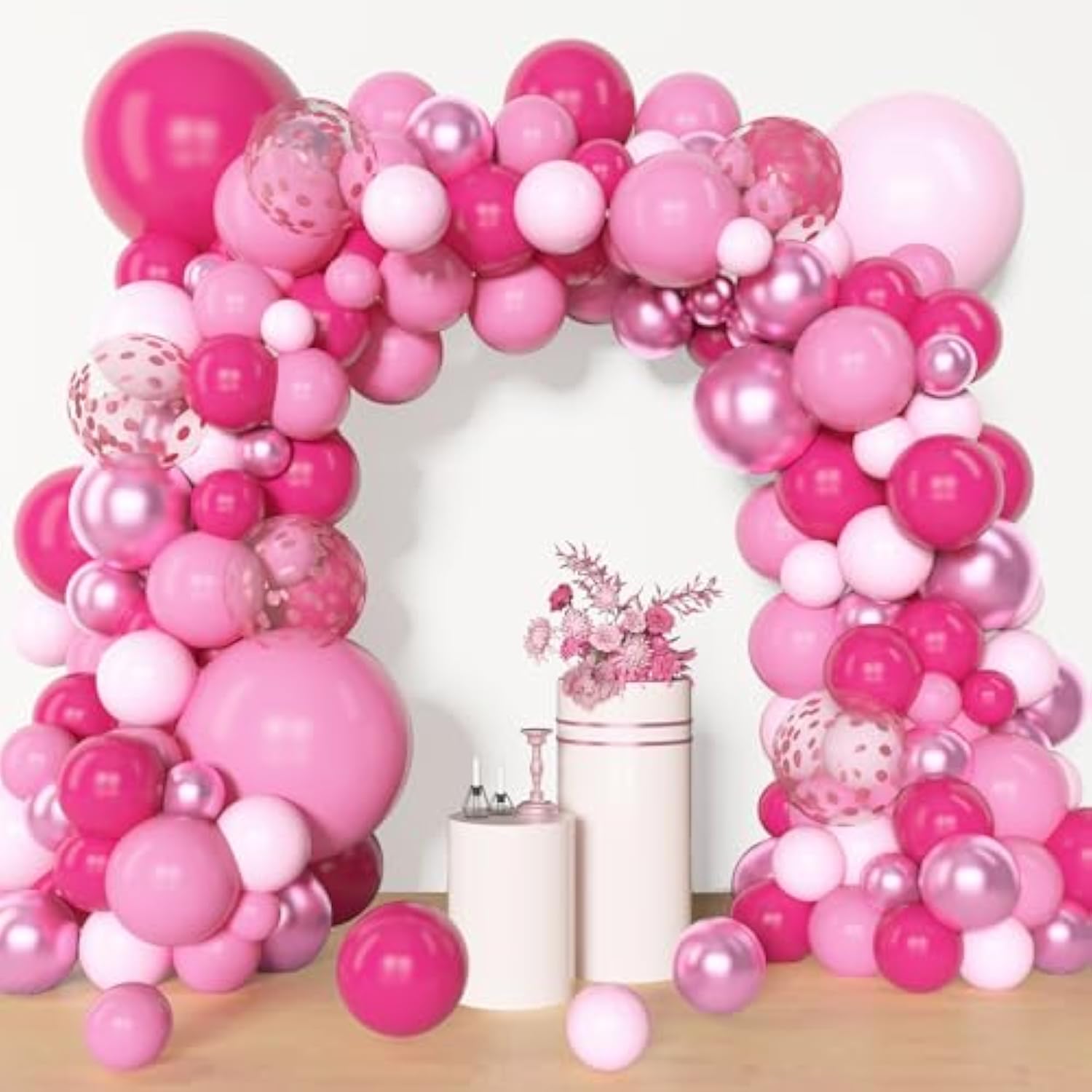 153 Pcs Pink Balloon Arch Garland Kit, Different Sizes 18 12 10 5 Inch Latex Metallic Confetti Hot Pink Balloons For Valentines Day Baby Shower Birthday Princess Wedding Party Decorations
