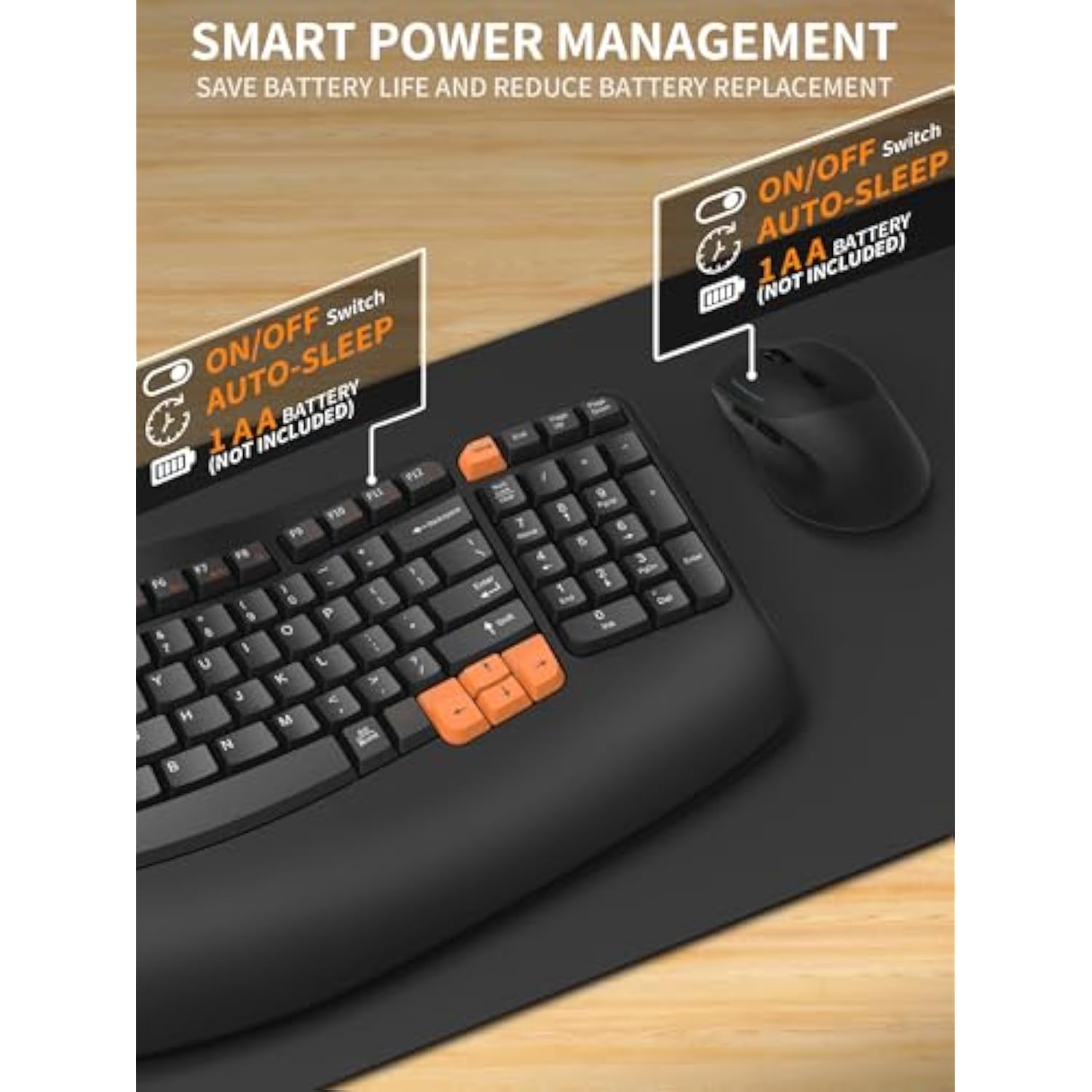 Wireless Keyboard And Mouse Combo, 2.4G Wave Keys Ergonomic Keyboard With Palm Rest And 3 Dpi Silent Mouse, Compact Size For Natural Typing, Spill-Resistant, For Windows/Pc/Laptop/Mac(Black)