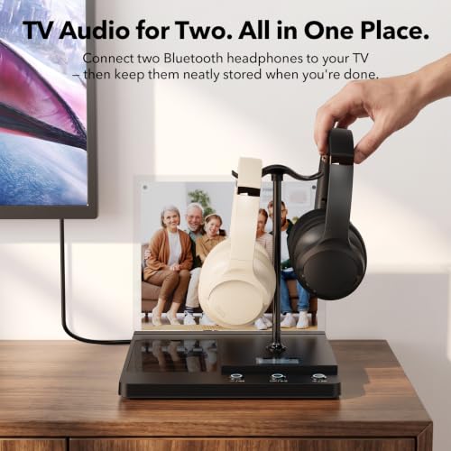 DemoStation B3+ Bluetooth Headphone Stand for Audio Demo, RGB Lighting, TF/USB/AUX Inputs, Dual Headset Display with USB-C Charging Port, Acrylic