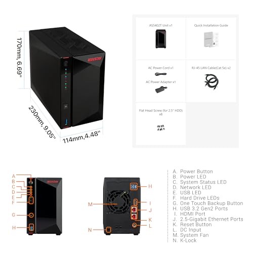 As5402T, 2 Bay Nas, Intel Quad-Core 2.0Ghz Cpu, 4X M.2 Nvme Ssd Slots, 2X2.5Gbe Ports, 4Gb Ddr4 Ram, Cloud Storage For Gaming And Live Stream, Network Attached Storage(Diskless)