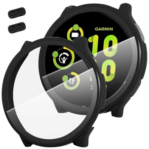 2 Pack for Garmin vivoactive 5 Smartwatch Case, 9H Tempered Glass Screen Protector+ Charger Port, All-coverage PC Protective Cover Bumper