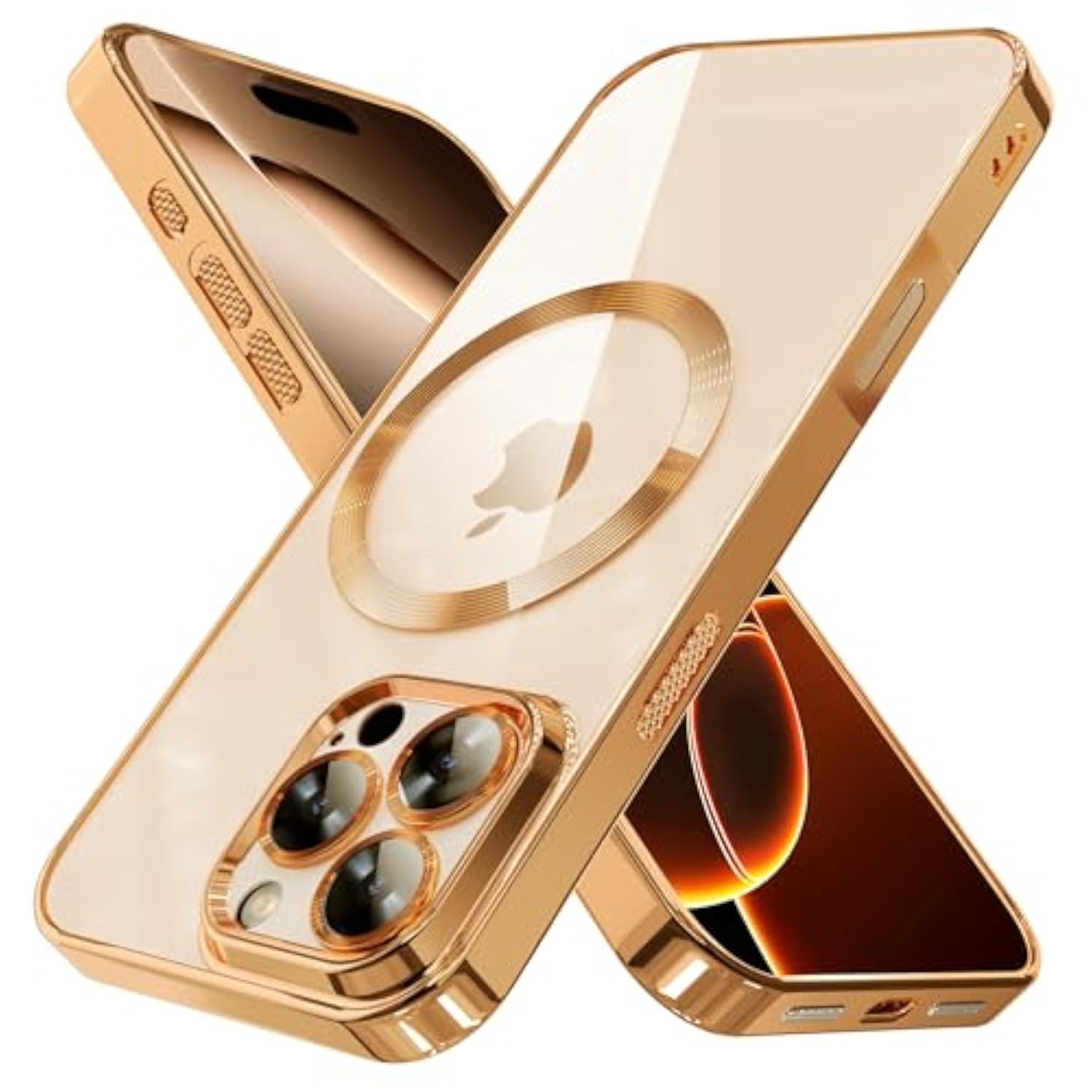 Magnetic Case For Iphone 16 Pro Max Electroplated Clear Tpu Soft Phone Case [Full Camera Lens Protection] Non-Yellowing N56 Magnets Compatible With Magsafe (Desert Titanium Gold)