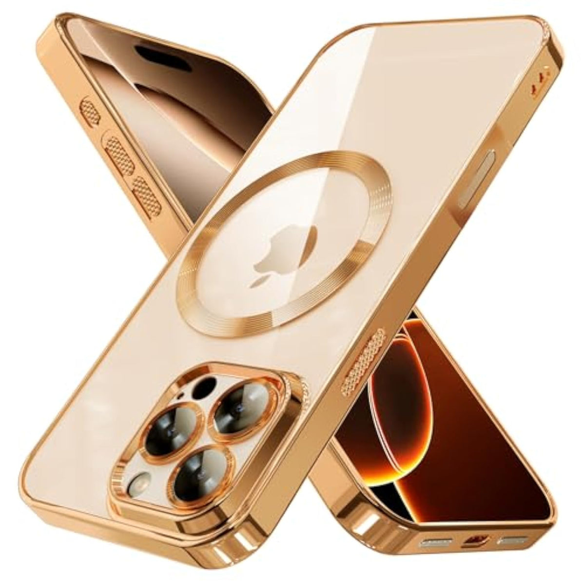 Magnetic Case For Iphone 16 Pro Max Electroplated Clear Tpu Soft Phone Case [Full Camera Lens Protection] Non-Yellowing N56 Magnets Compatible With Magsafe (Desert Titanium Gold)