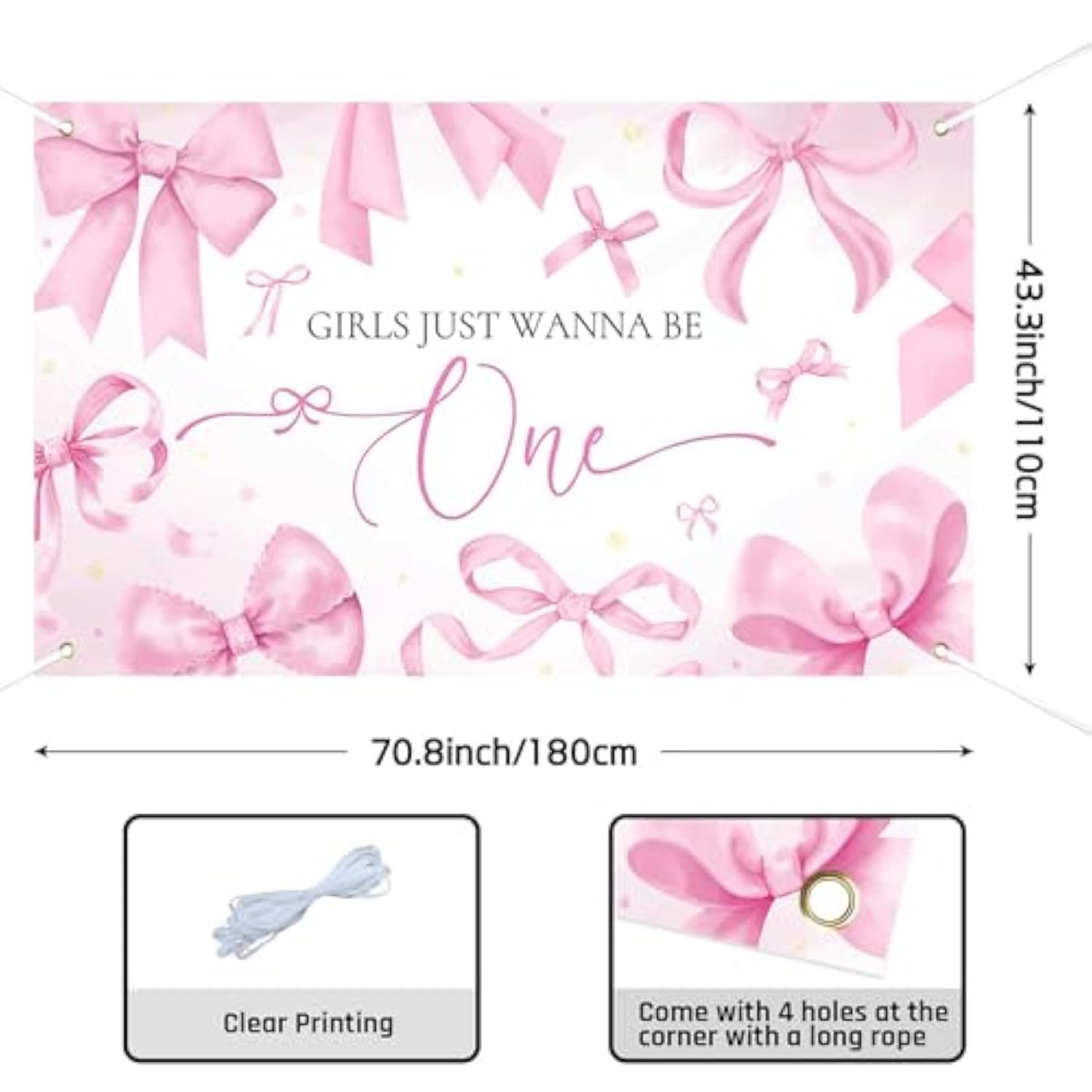 70.8x43.3" Pink Bows "Girls Just Wanna Be One" 1st Birthday Banner & Backdrop