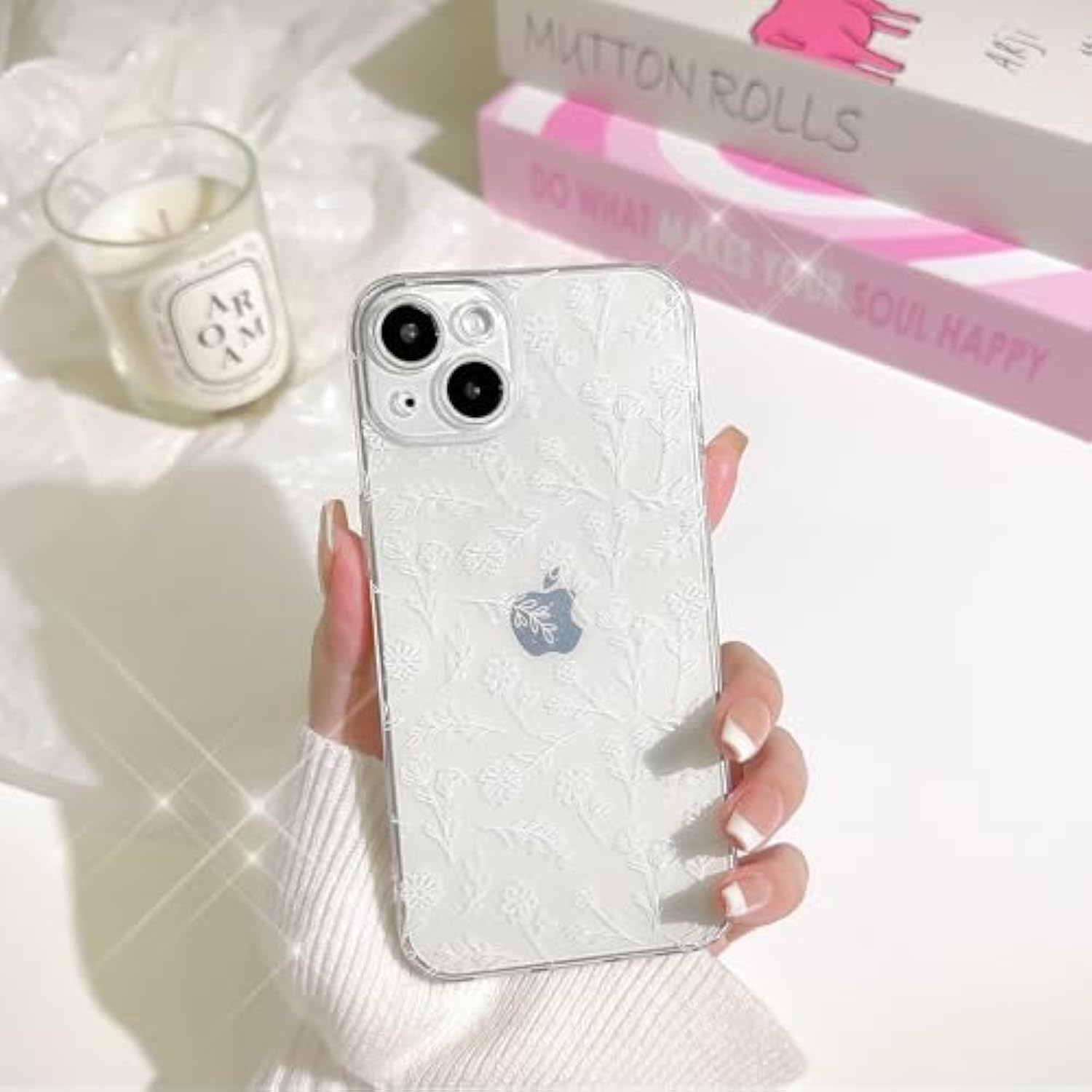 Compatible For Iphone 14 Case Clear Cute Flower Floral With Slim Glitter Design For Girls Women Soft Tpu Shockproof Protective Girly For Iphone 14 Case-White