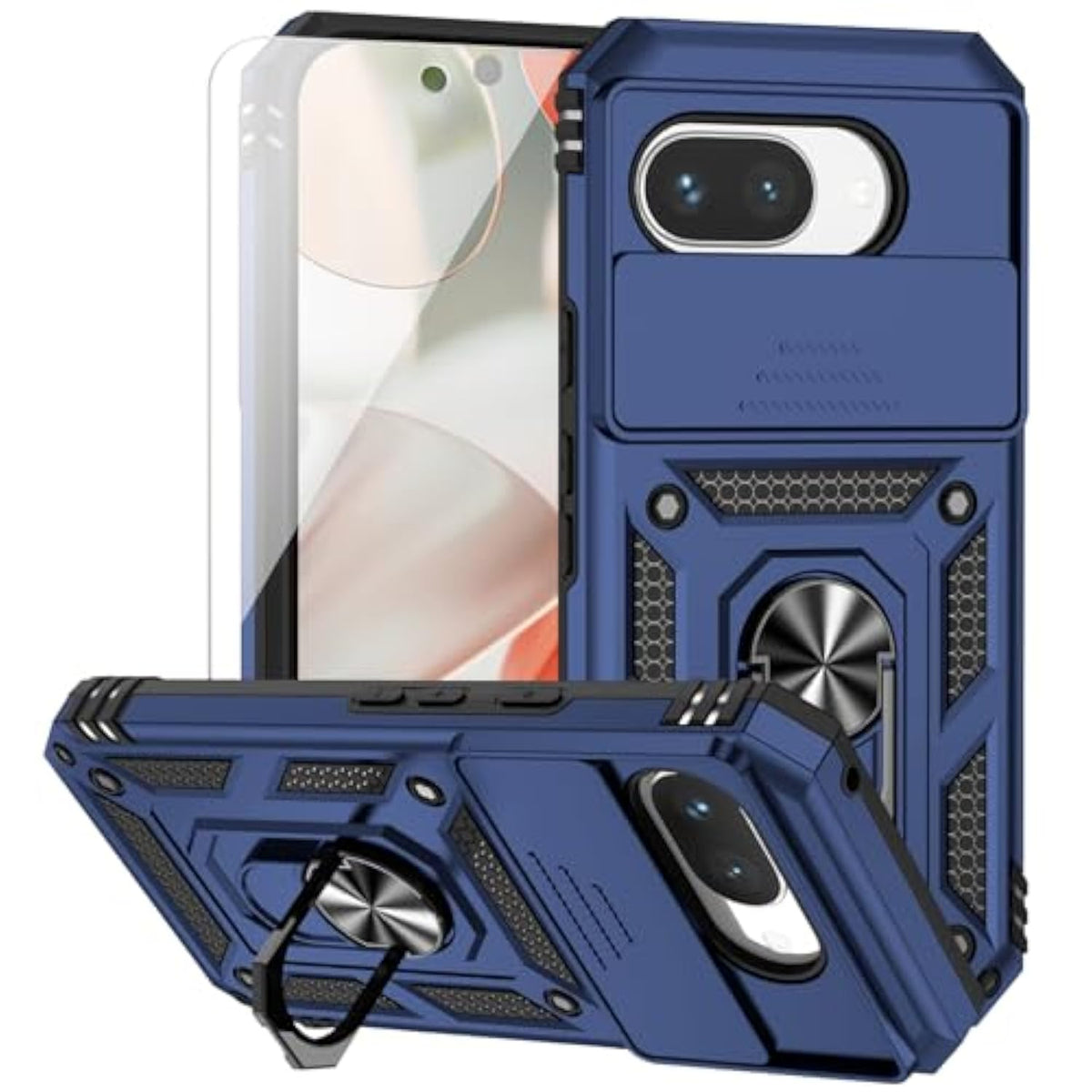 For Google Pixel 9A Case With Camera Lens Cover Hd Screen Protector, Dual Layer Military-Grade Drop Tested Magnetic Ring Holder Kickstand Protective Phone Case For Google Pixel 9A 2025 (Navy Blue)