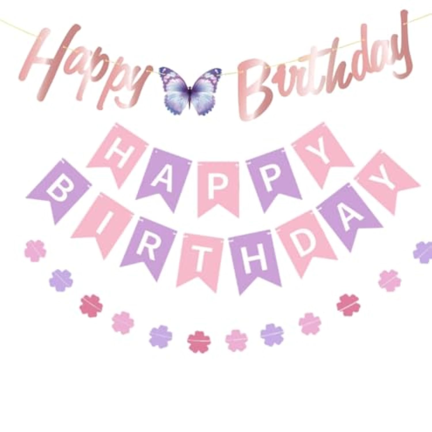 Pre-Strung Happy Birthday Banner Purple Pink Birthday Decoration For Women Girl Butterfly Birthday Party Decoration Banner Garland No Diy Happy Birthday Sign