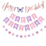 Pre-Strung Happy Birthday Banner Purple Pink Birthday Decoration For Women Girl Butterfly Birthday Party Decoration Banner Garland No Diy Happy Birthday Sign