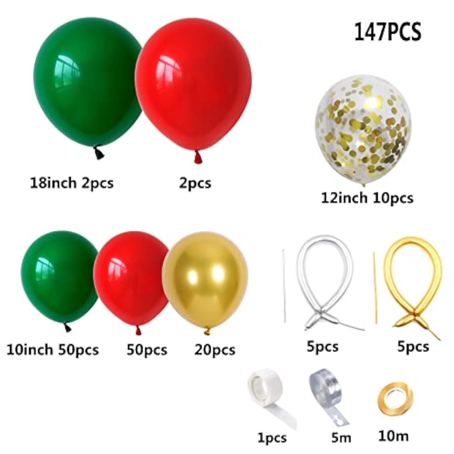 147Pcs Red Green And Gold Balloon Garland Kit - Red Green Gold Balloon And Gold Confetti Balloons For Birthday Baby Shower Wedding Christmas Party Decoration