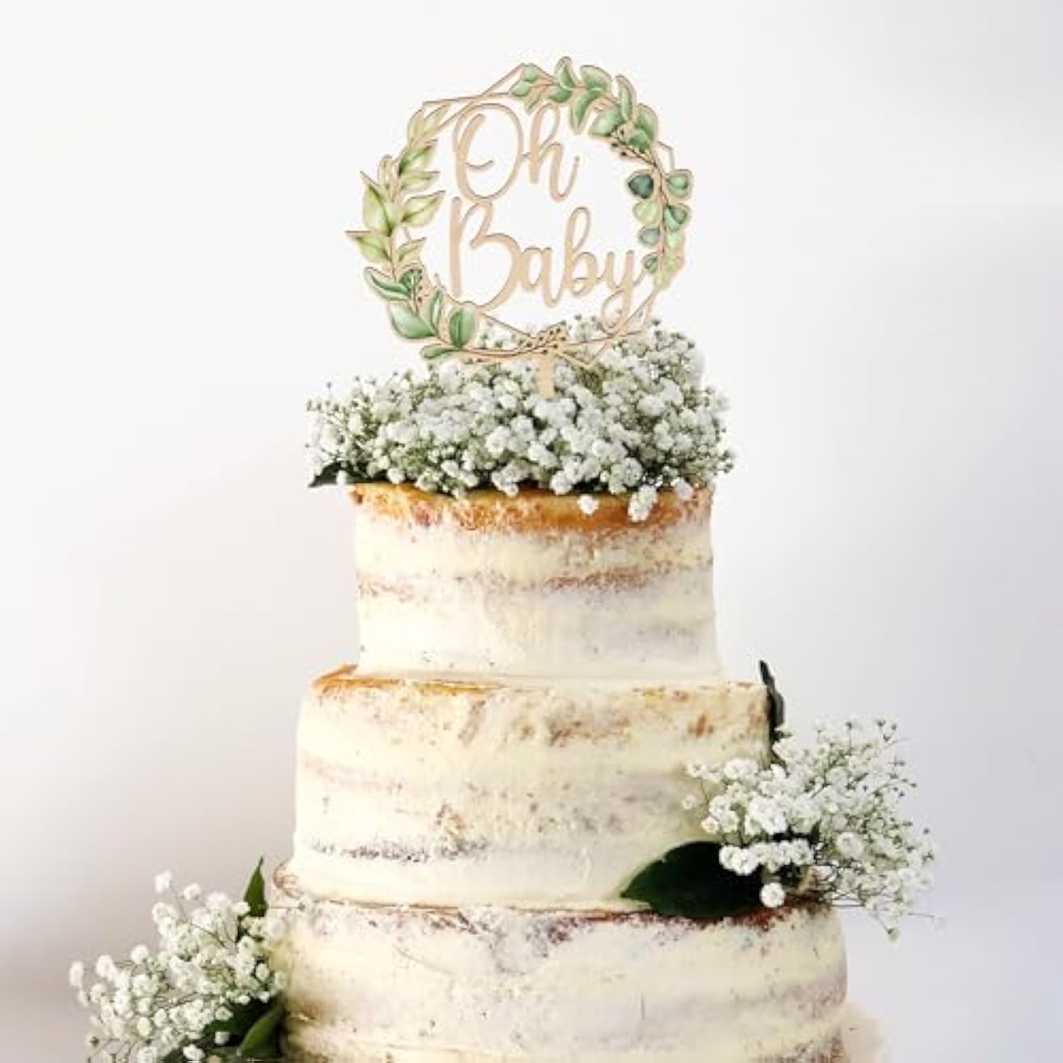 Oh Baby Cake Topper In Wood Baby Shower Party Greeny Cake Decoration (Design 01)