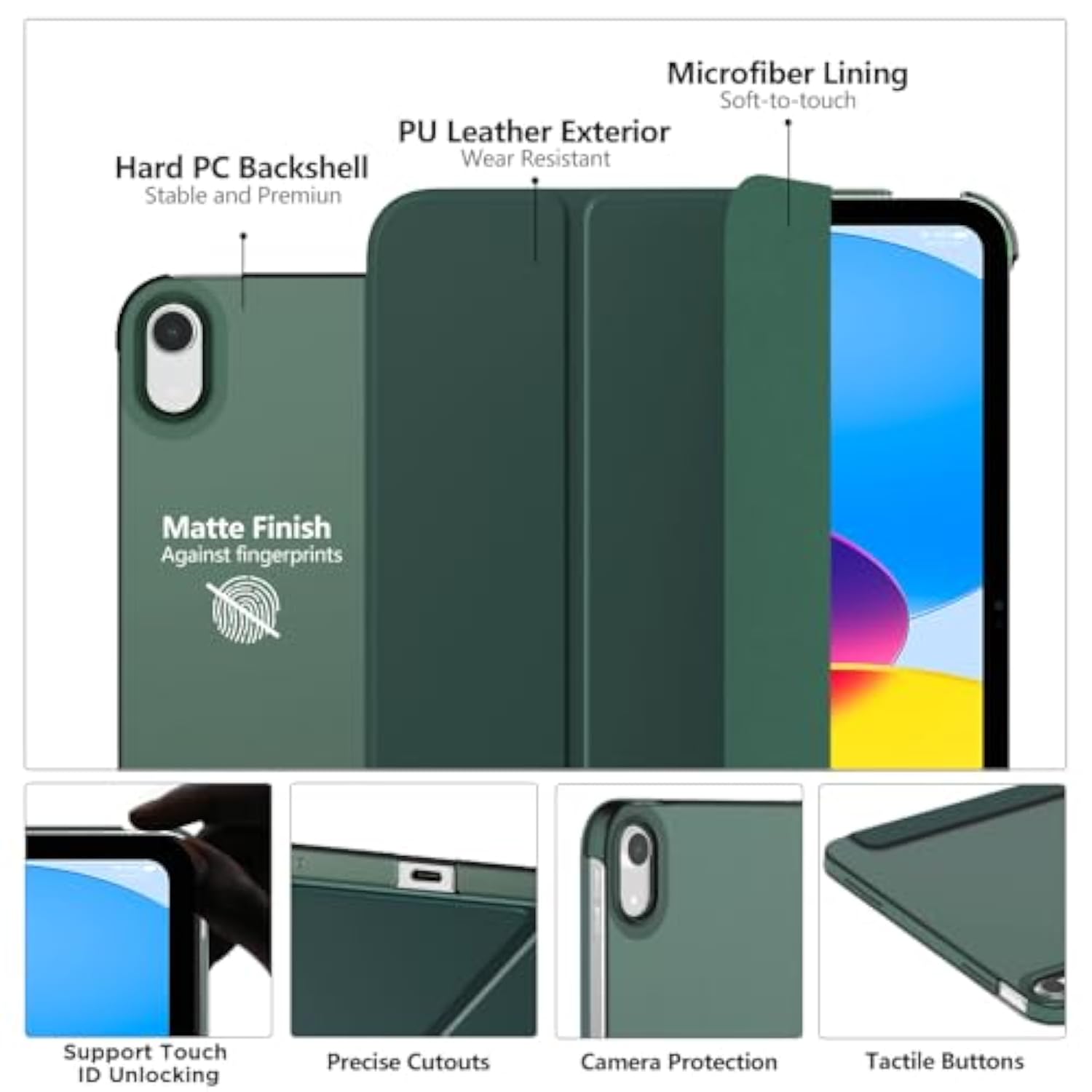 Moko For (A16) 11Th Generation Case 11 Inch 2025, 10Th Generation Case 10.9 Inch 2022,Slim Stand Hard Pc Translucent Back Shell Smart Cover,Support Touch Id,Auto Wake/Sleep,Midnight Green