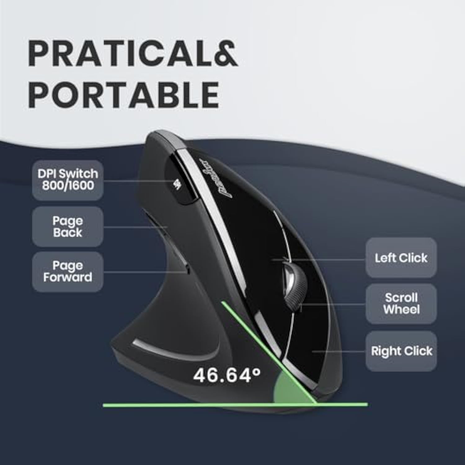 Perixx PERIMICE-713L, Wireless Ergonomic Left Handed Vertical Mouse, 6 Buttons Design, 3 Level DPI, Black, Medium