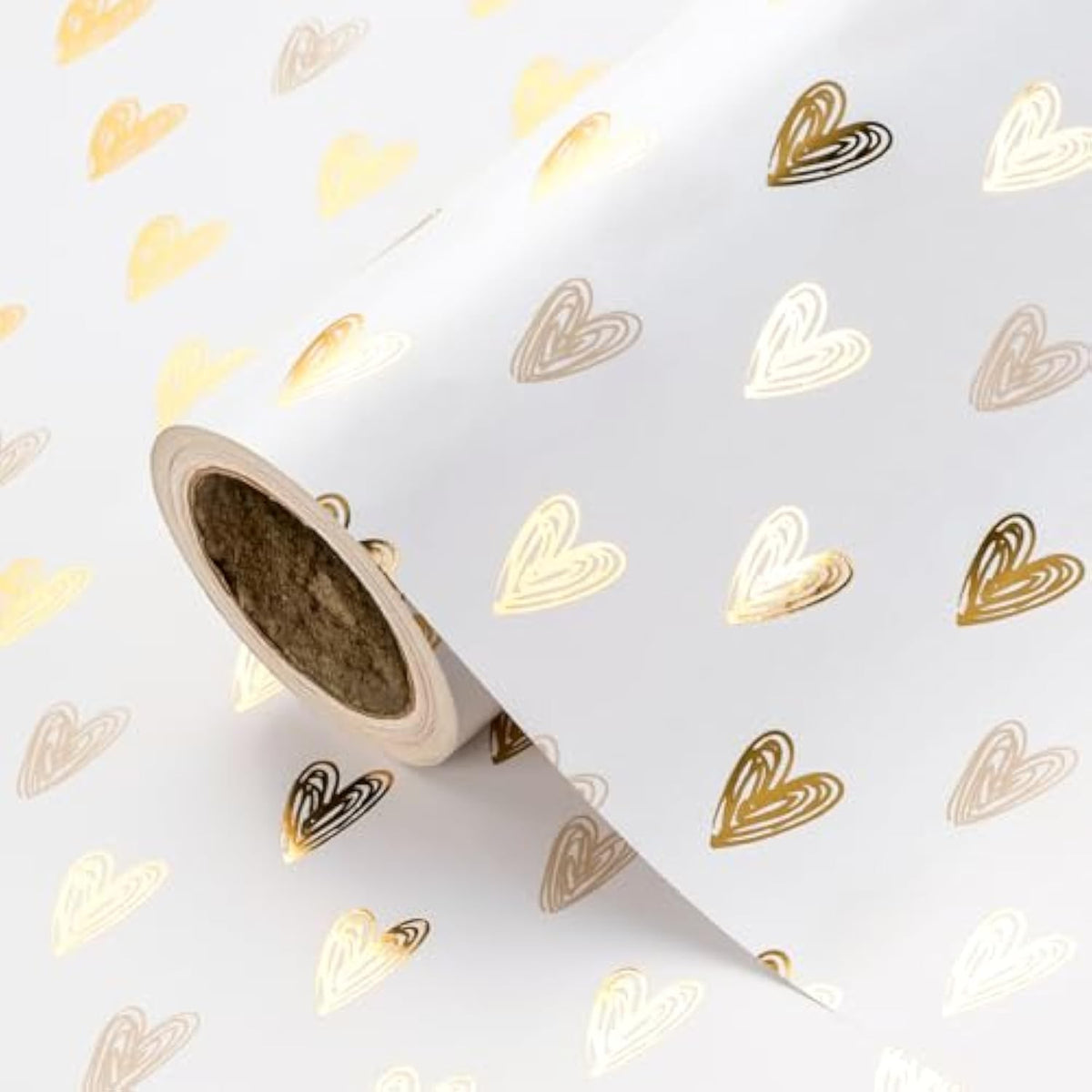 Heart Wrapping Paper Roll - Mini Roll - 17 Inch X 16.5 Feet - Gold Foil Heart Design For Valentines Day, Wedding, Bridal Shower, Birthday, Baby Shower
