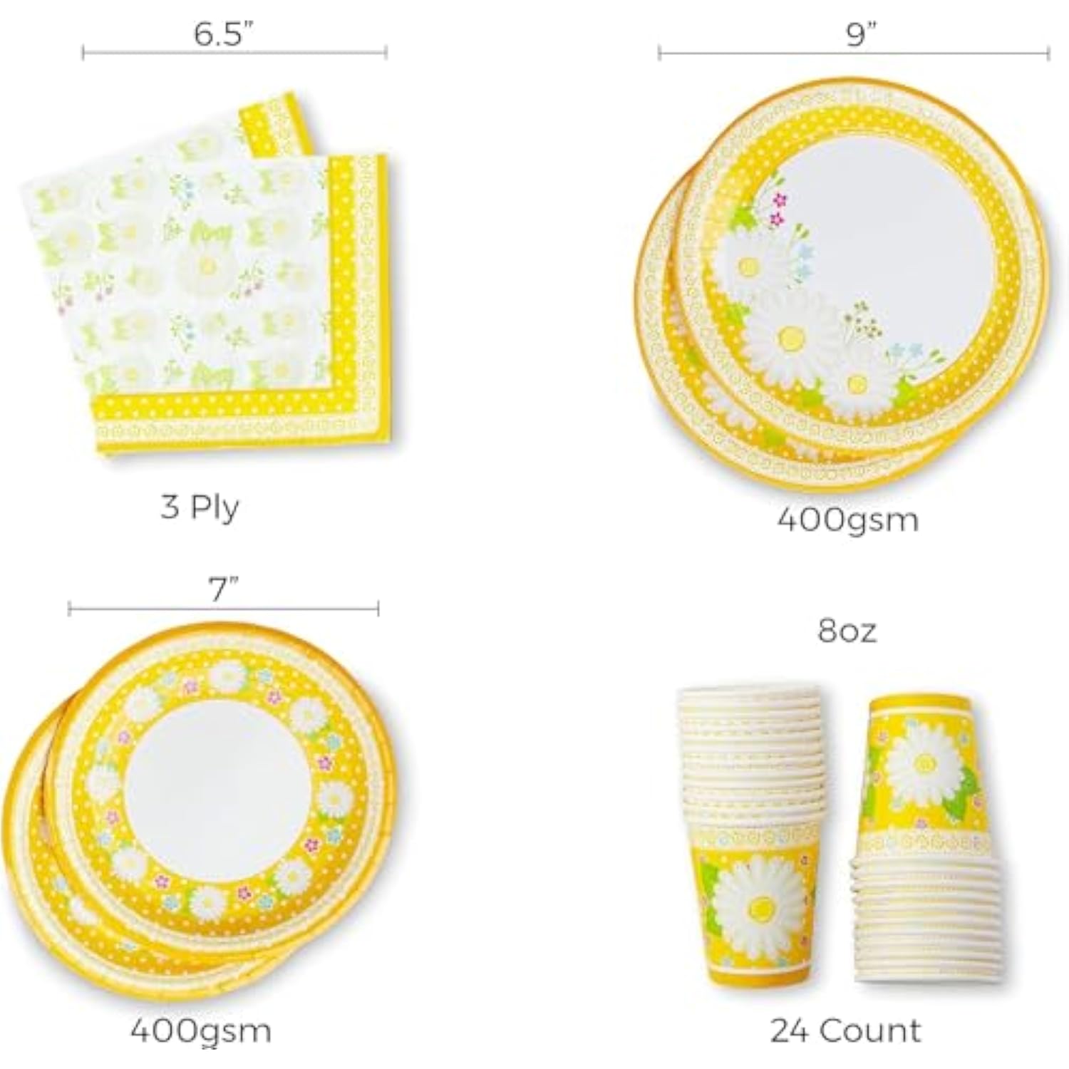 Daisy Paper Plates & Napkins Set for Birthday, Mother’s Day, Easter - 24 pcs