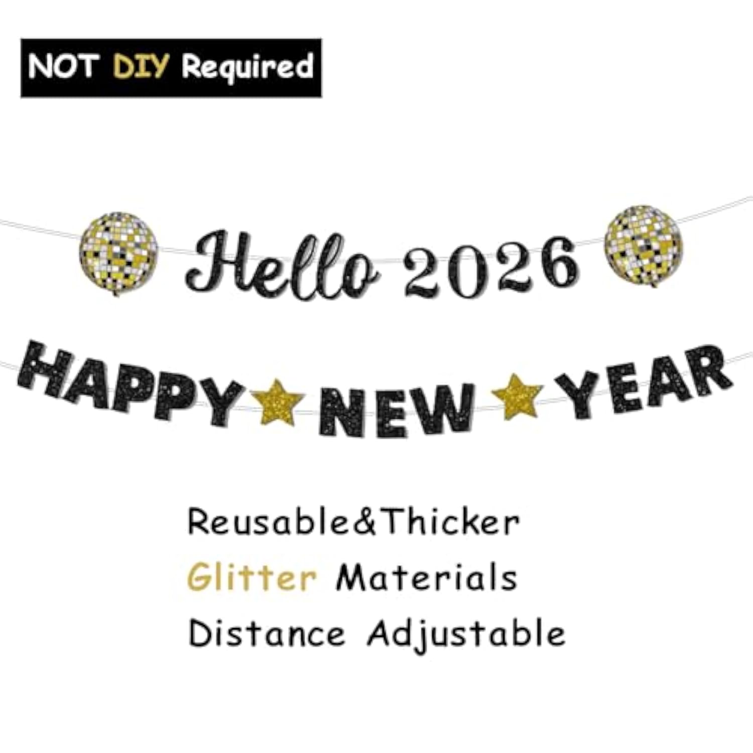 2026 Happy New Year Banner Gold Black Glitter Disco Party Decor