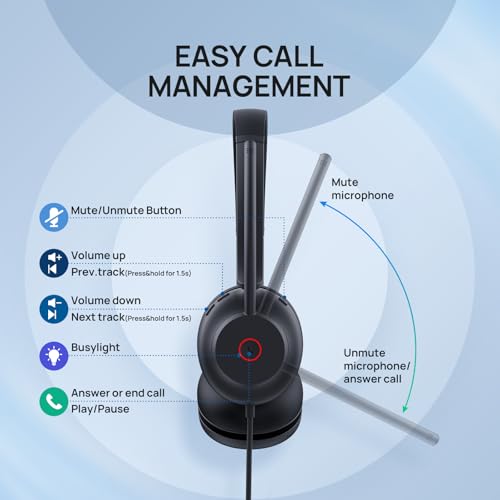 UH35 USB-C/A Headset with Noise Cancelling Microphone, Wired Headphones for Computer PC, Mute Button, Compatible with Zoom, Google and Other Leading