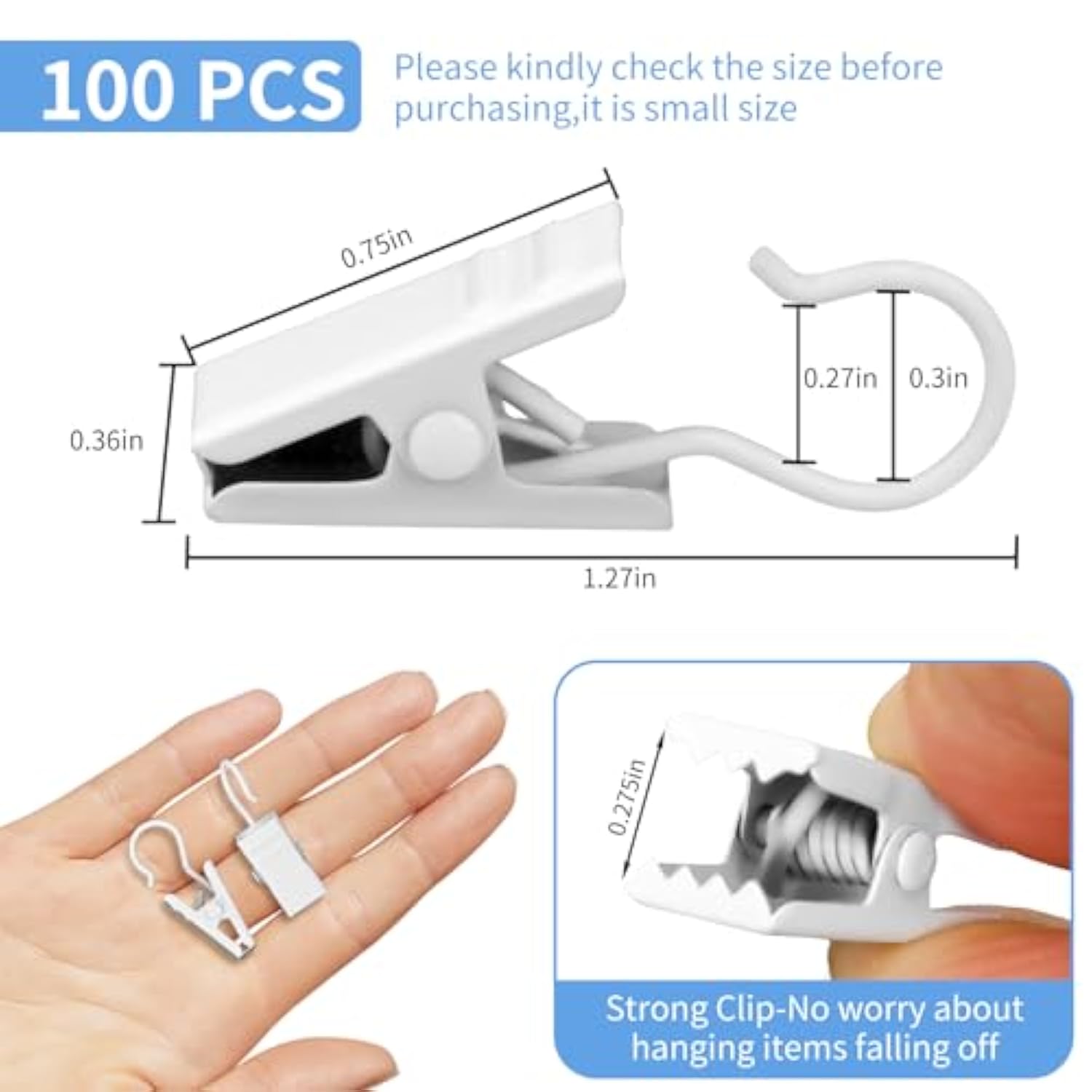 Curtain Clips Hooks, 100 Pack Stainless Iron Drapery Hooks Clips For Hanging Party String Lights Christmas Courtyards Decoration, Art Craft Display, Gutter Tent Camper Awning Hangers, White