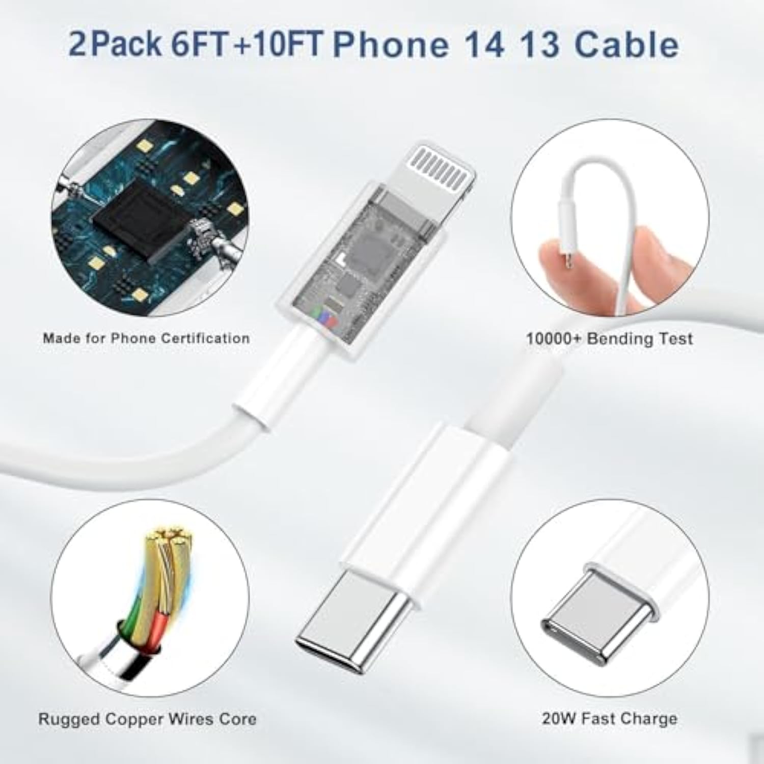 Fast Charger For Iphone 14 13 12 Charge Fast Charging, 2Pack 6Ft+10Ft Usb C To L Cable With 20W Usb C For I Phone Charger Block, Compatible With Iphone 14 13 12 Pro/14 Plus/13 Pro Max - White