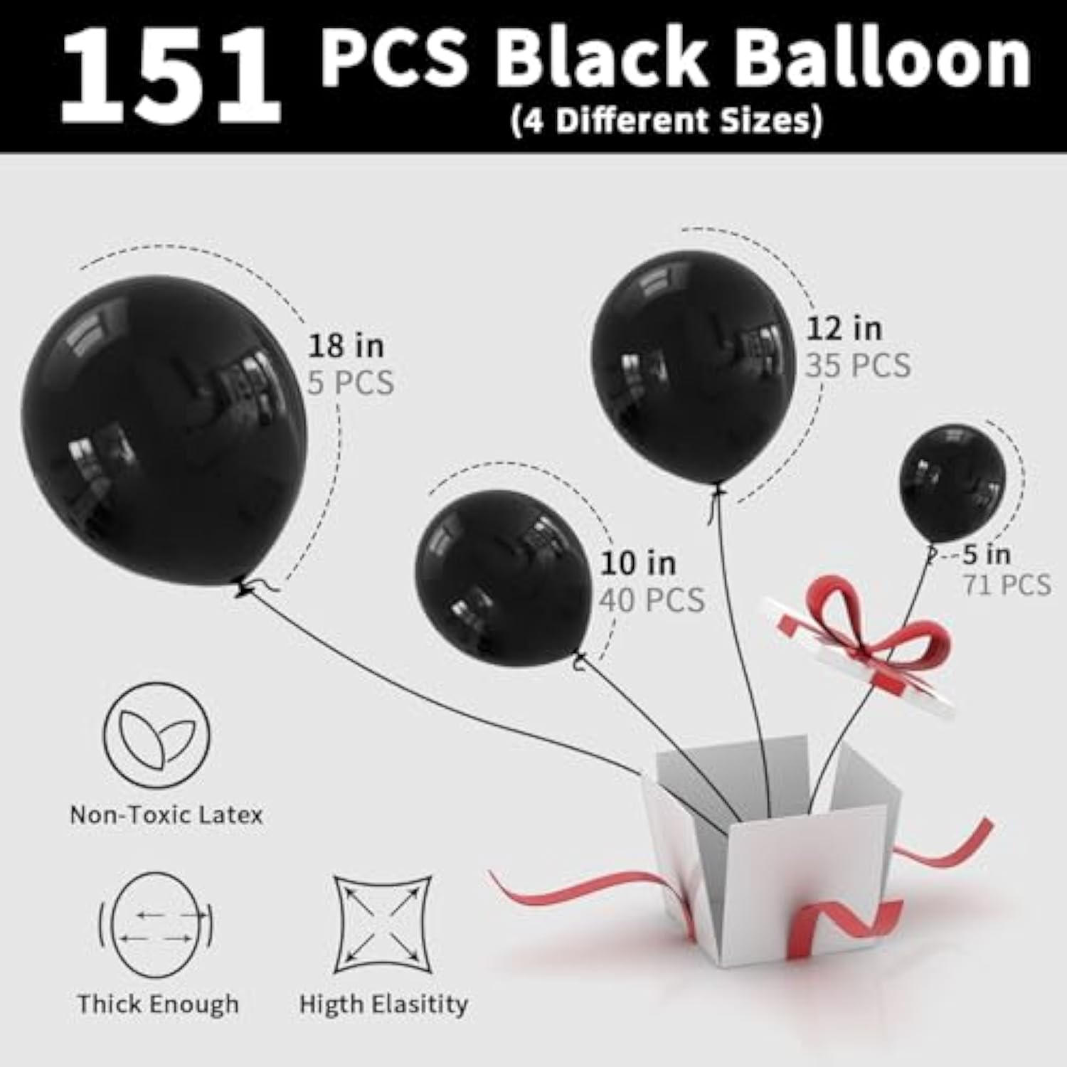 151PCS Black Balloon Garland Kit – 18/12/10/5" Latex Balloons for Party & Event Decor