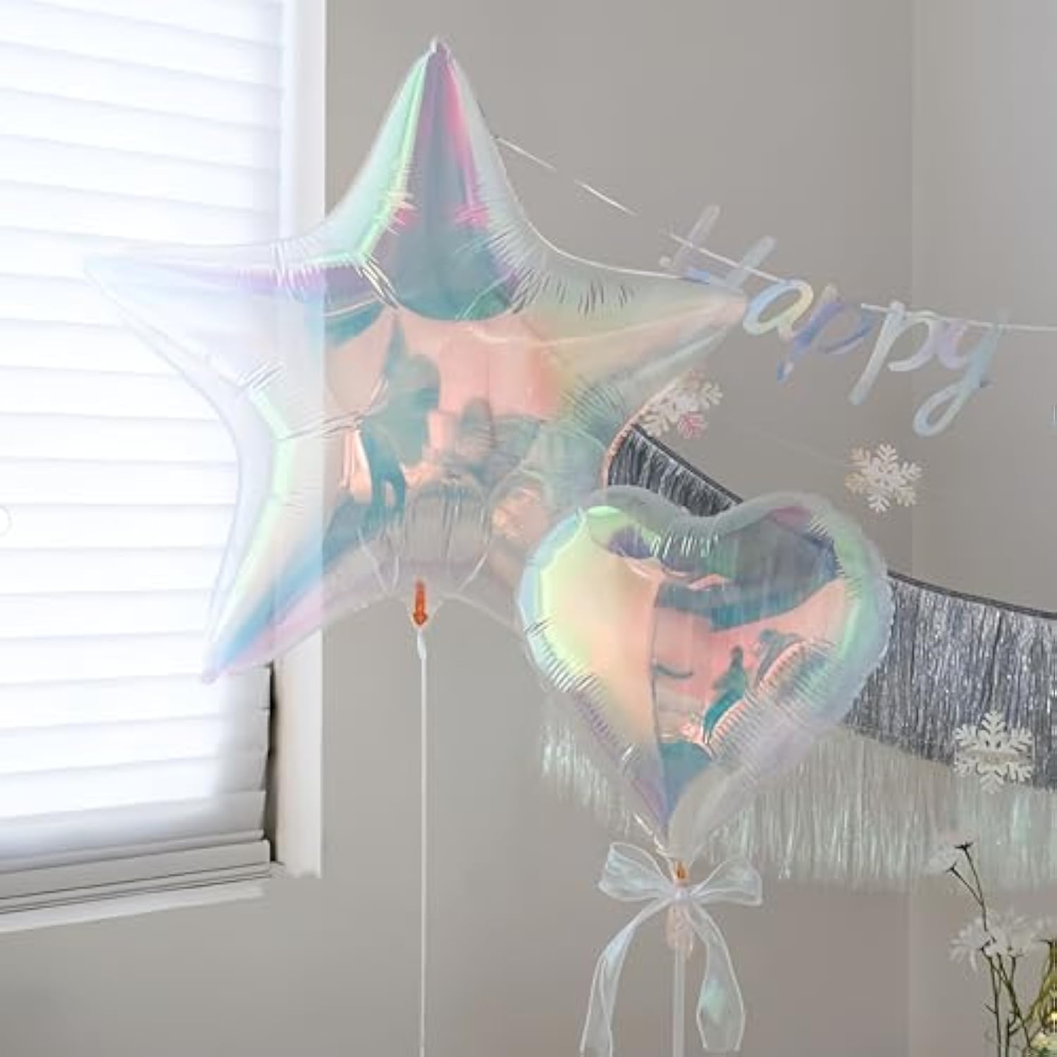 6 Pcs Iridescent Heart & Star Balloons – Rainbow Foil for Under the Sea Parties