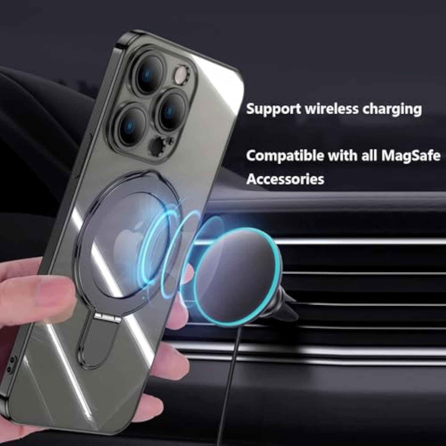Magnetic For Iphone 16 Pro Max Case Clear Invisible Ring Stand Built-In Camera Lens Protector Compatible With Magsafe Shockproof Case For 16 Promax,Desert Titanium