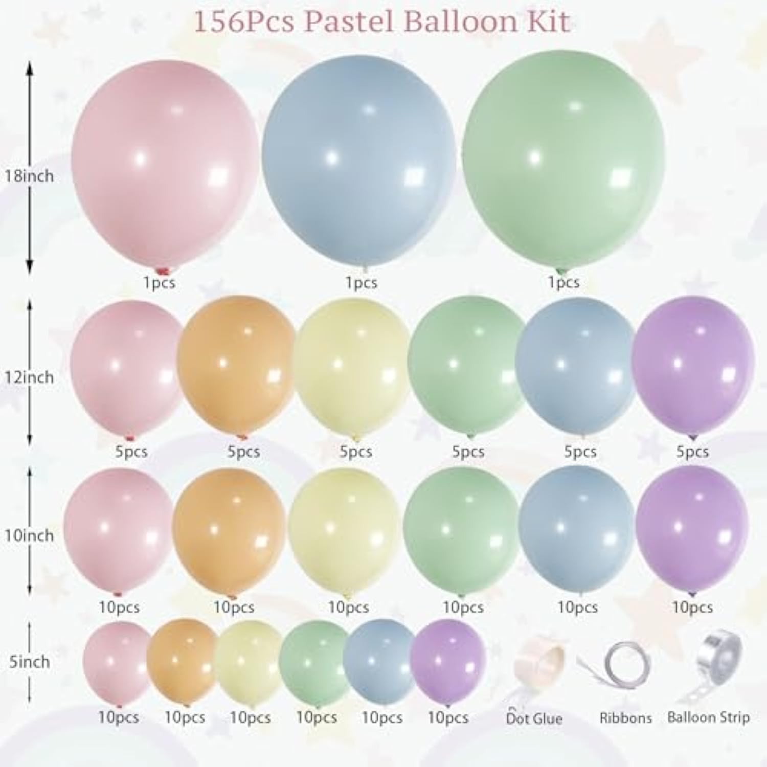 156Pcs Pastel Balloon Garland Arch Kit, Macaron Balloons In Pink, Orange, Yellow, Green, Blue, Purple, White For Baby Shower, Birthday, Rainbow Party Decorations And Unicorn Themes