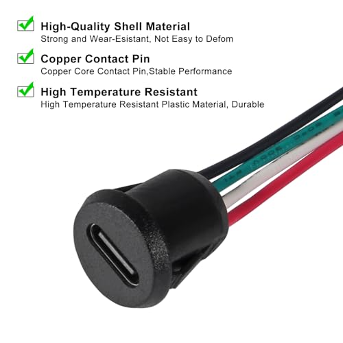 8pcs Type-C Female Chassis Waterproof 4P Solder Wire Type USB C Pigtail Cable Extension Power Cable USB-C Plug to 4 Pin Bare Wire Open End