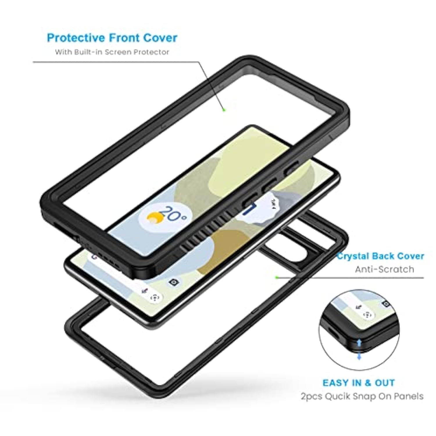 For Google Pixel 7 Case, Ip68 Waterproof Dustproof With Built-In Screen Protector, Heavy Duty Full Body Protective Phone Case For Pixel 7, Black/Clear