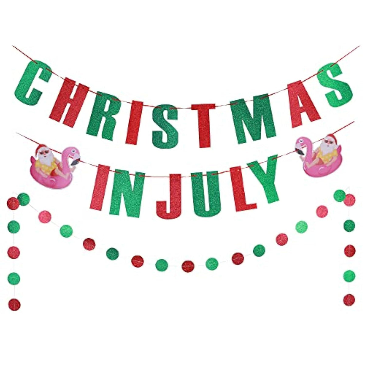 Christmas In July Banner Red Green Glitter Christmas In July Garland Photo Props Tropical Christmas Party Decorations Pre-Strung